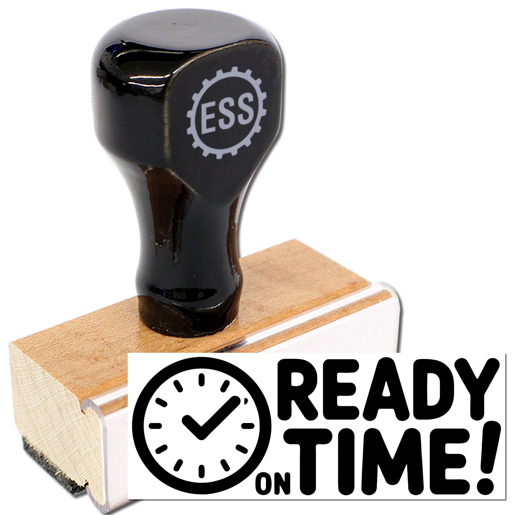 Black ESS rubber stamp with wooden handle and white READY ON TIME! seal graphic