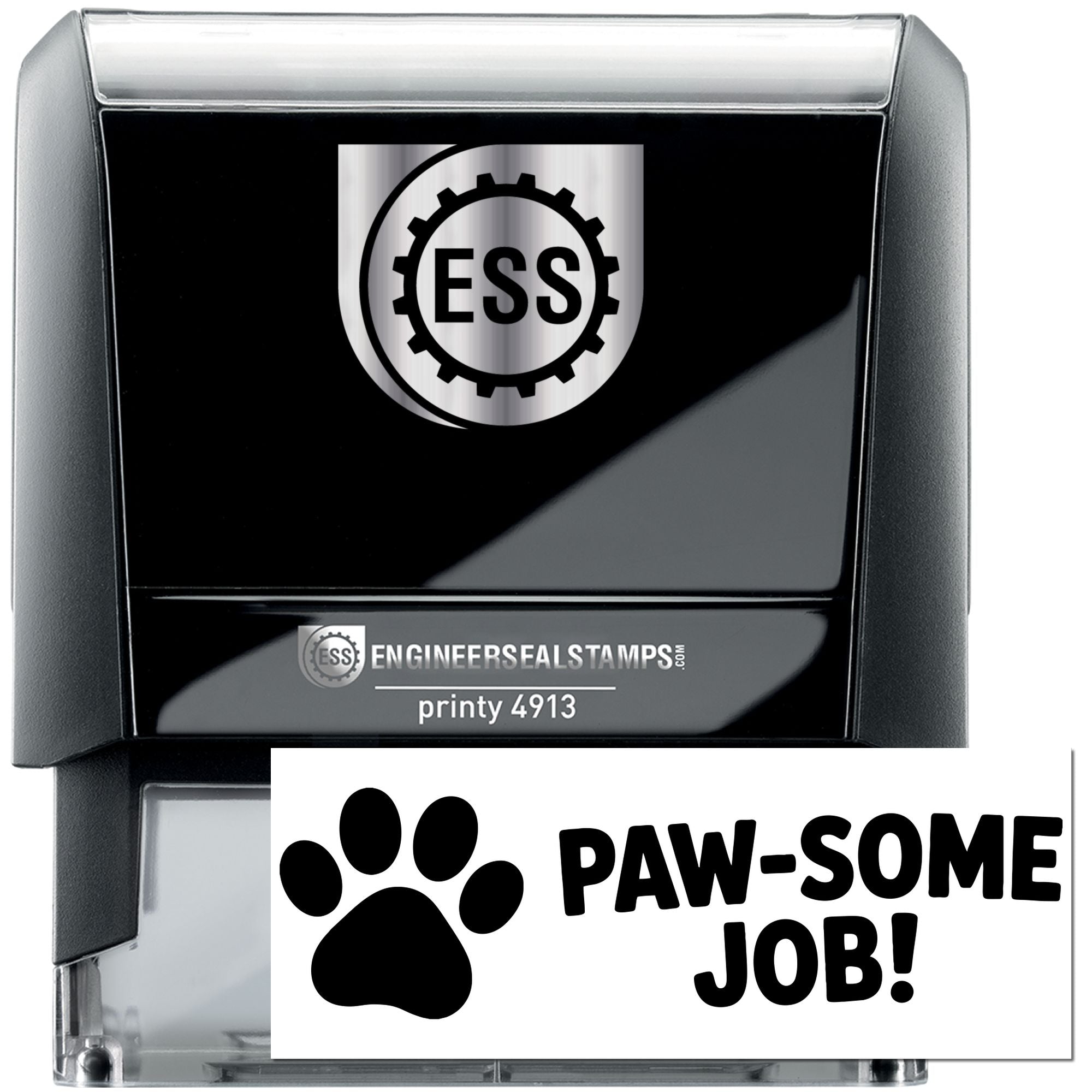 Black self-inking ESS stamp and seal with silver accents and a white Paw-some Job! imprint card.