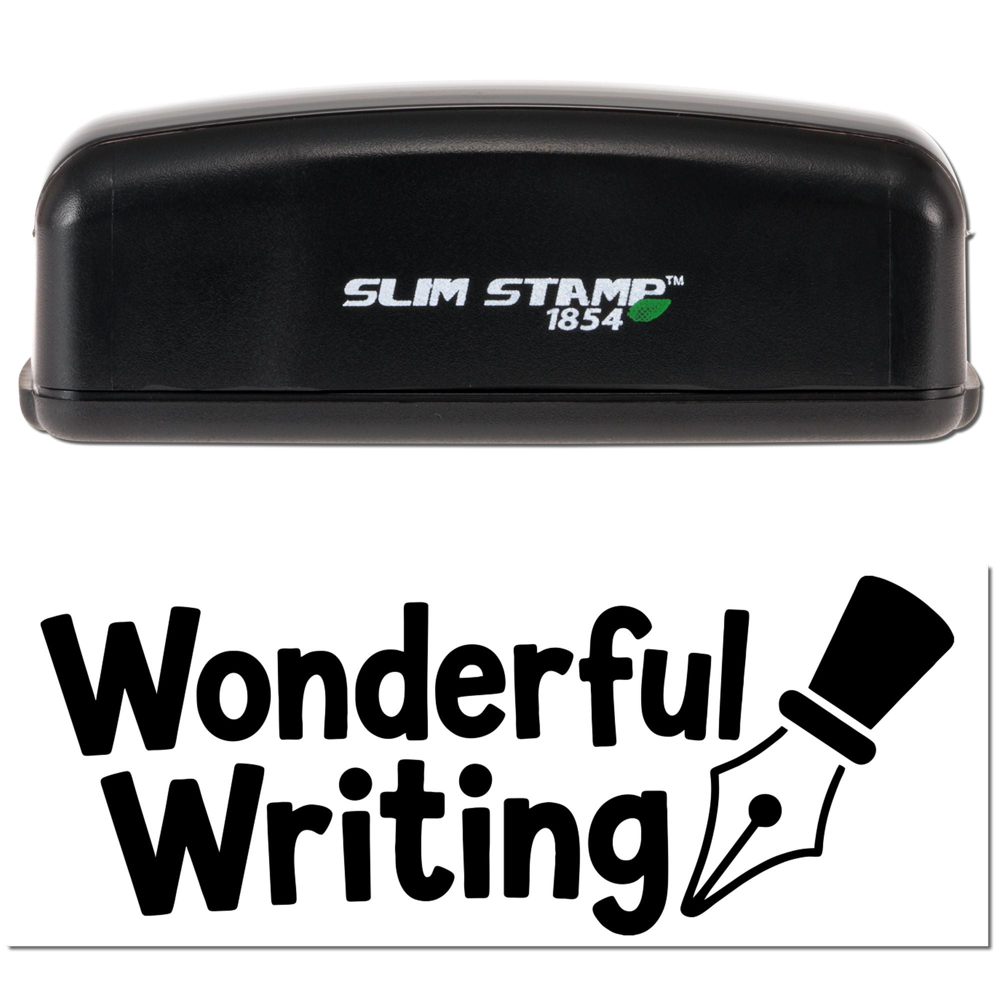 Black Slim Stamp 1854 self-inking stamp and seal with green accent, featuring Wonderful Writing logo on white background.