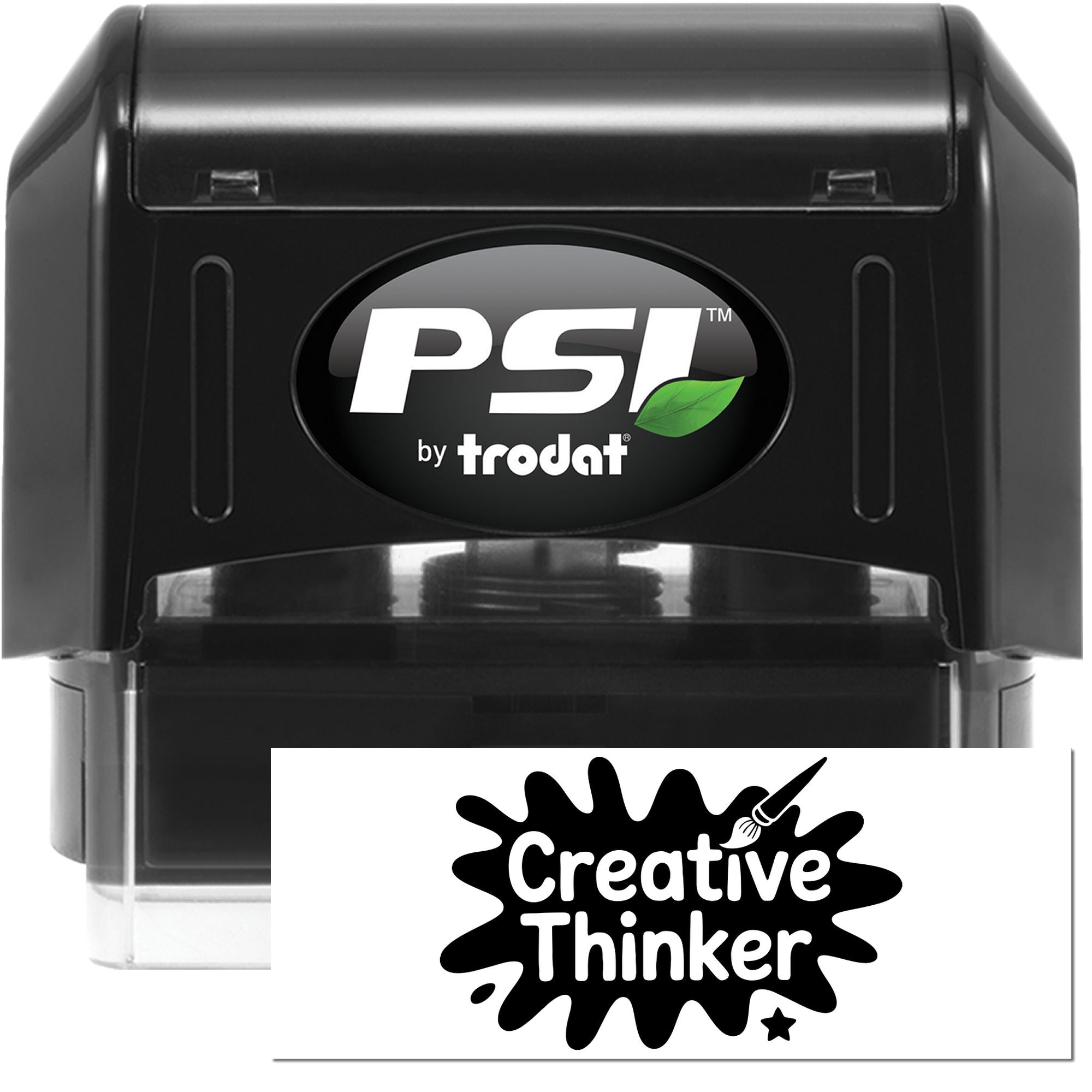 Black PSI by Trodat self-inking stamp with green leaf logo, paired with a white Creative Thinker seal card.