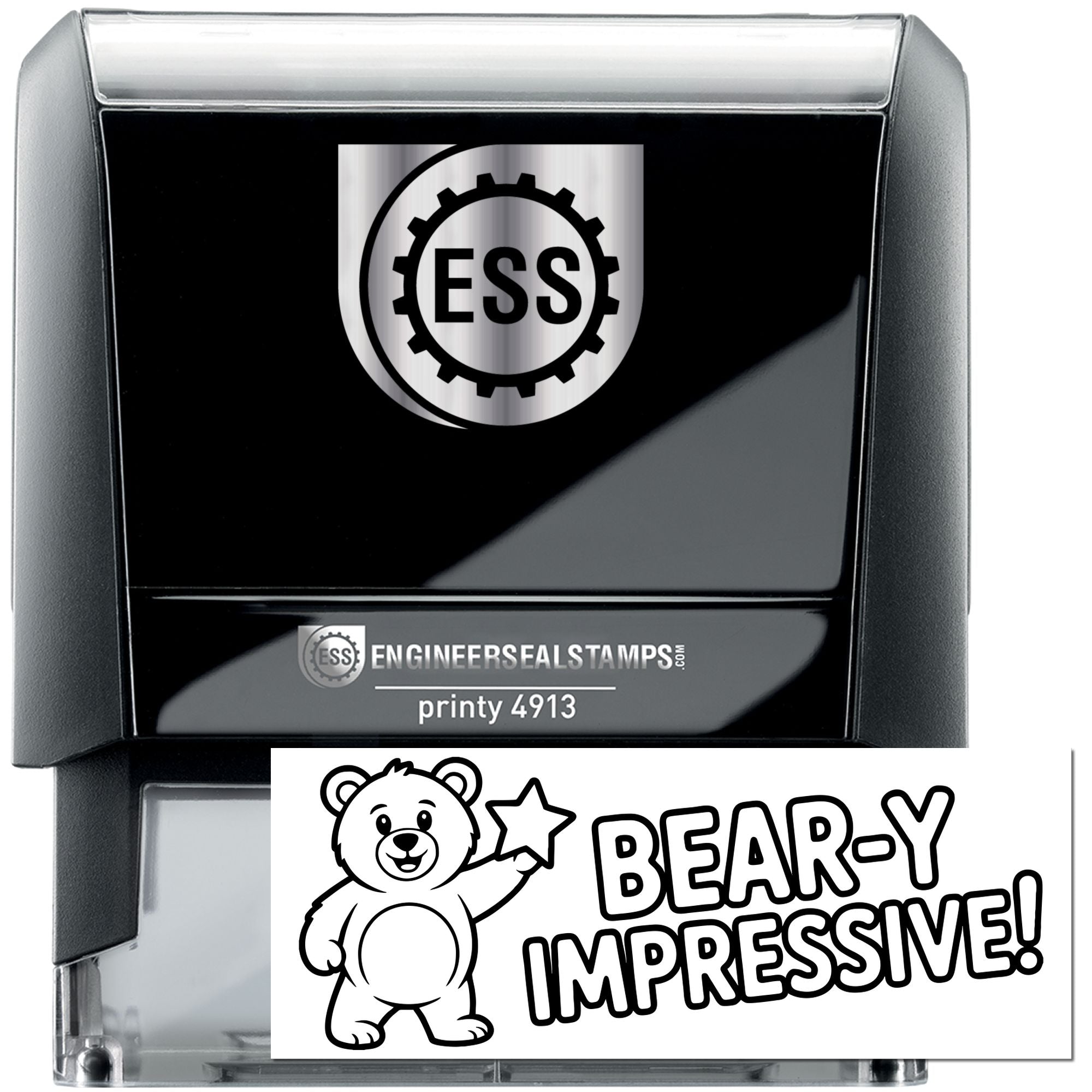 Black and silver ESS engineer seal self-inking stamp with bear graphic and BEARY IMPRESSIVE! imprint.