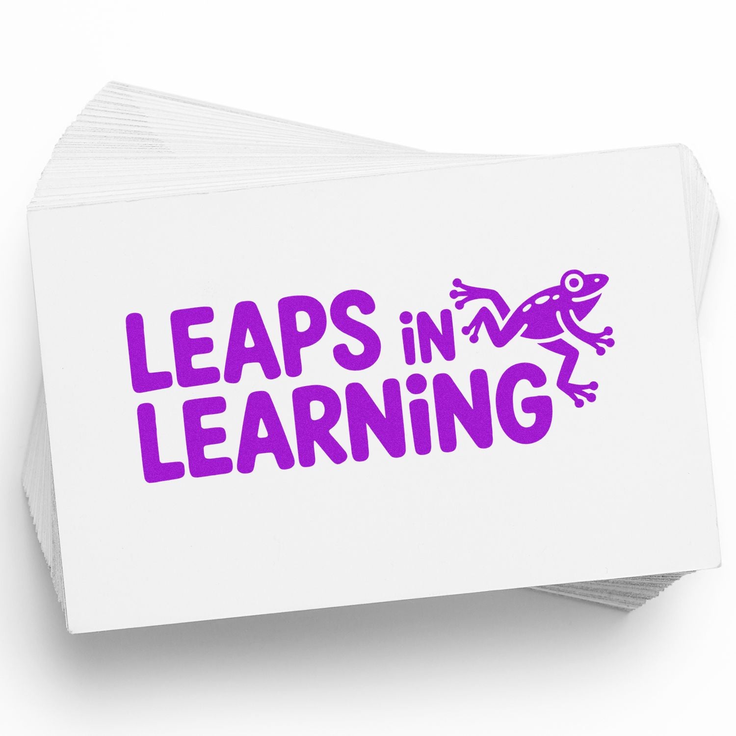 Stack of white stamp cards with purple Leaps in Learning text and frog seal logo.