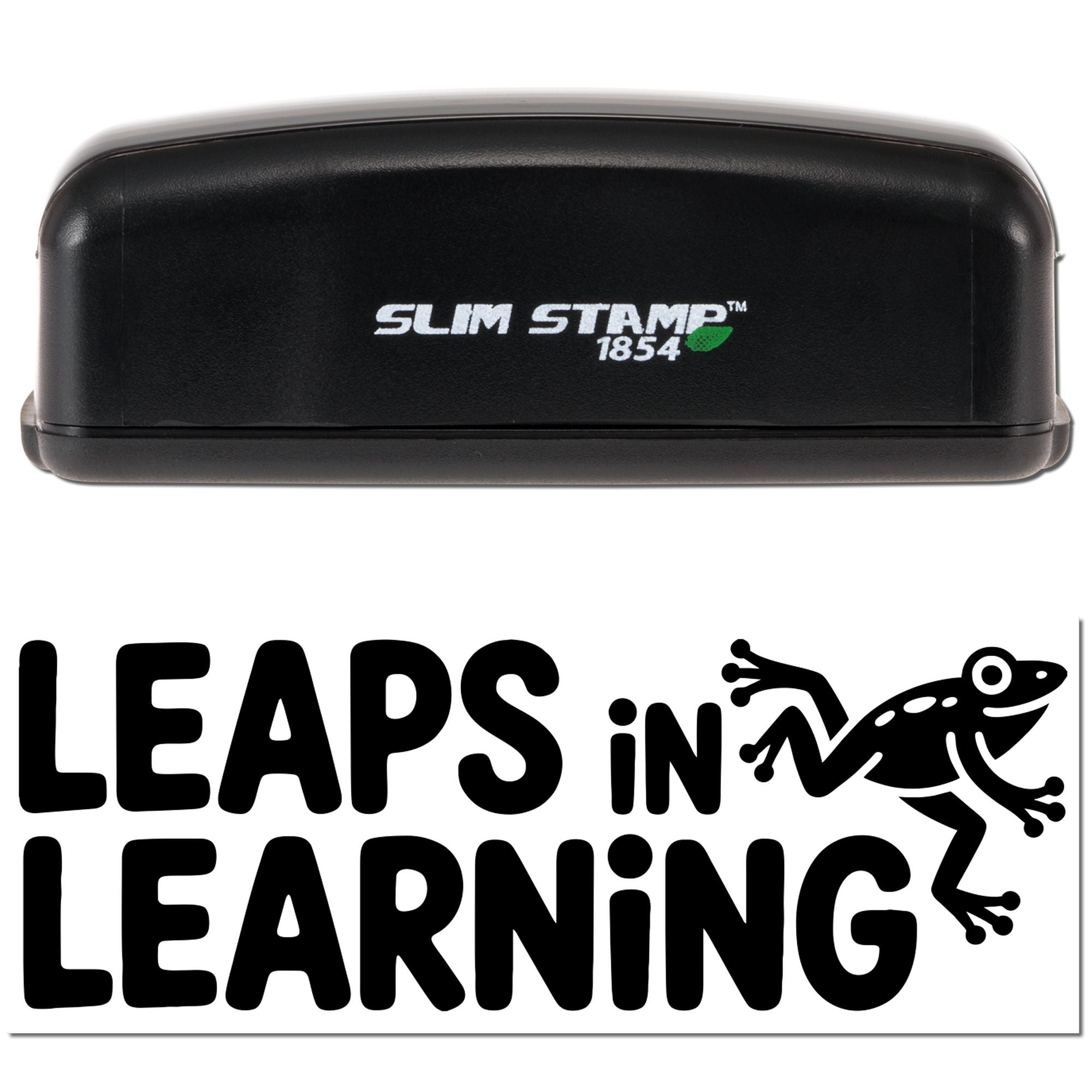 Black Slim Stamp 1854 stamp and seal case above LEAPS IN LEARNING logo with frog graphic on white background.