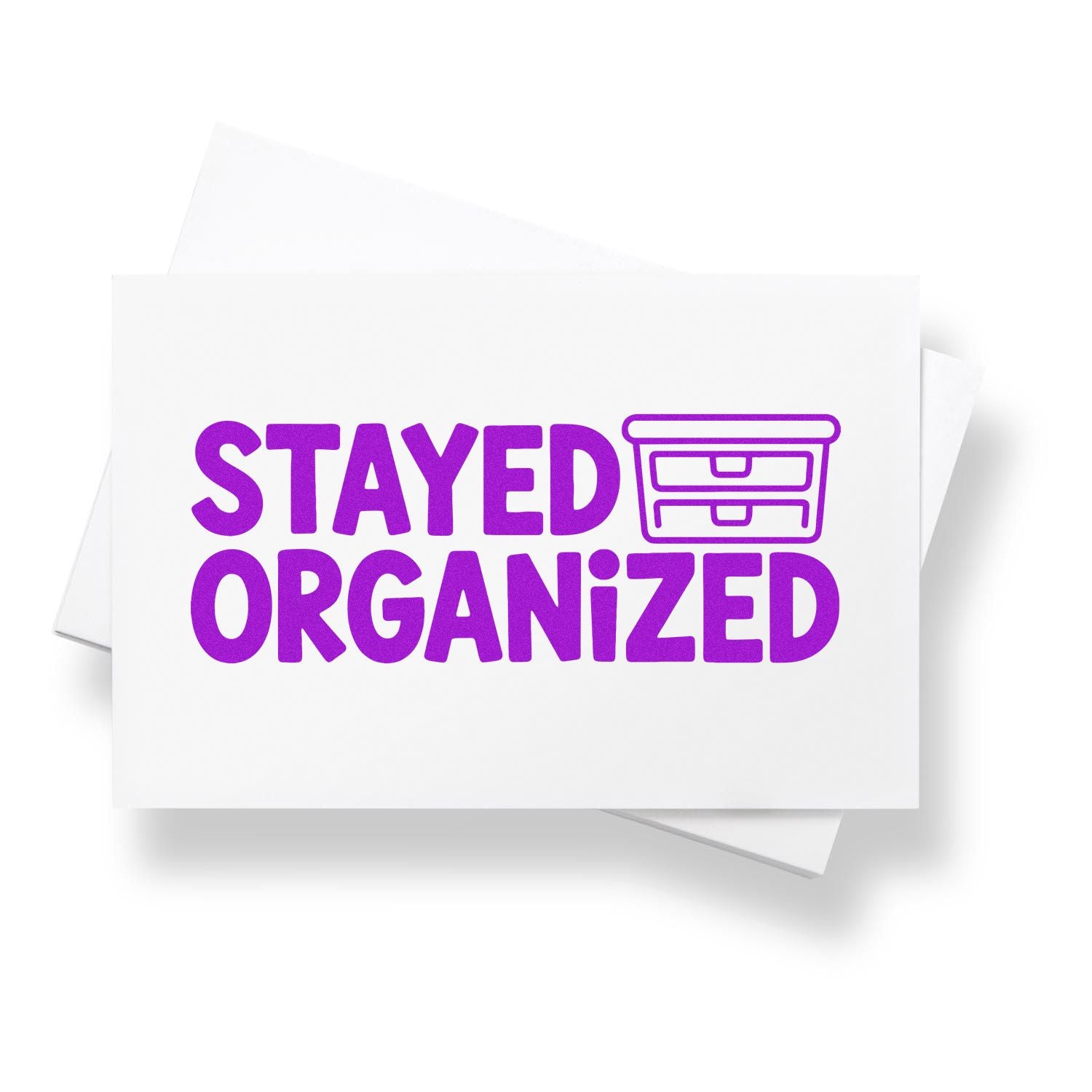 Purple STAYED ORGANIZED rubber stamp with drawer icon on white cards.