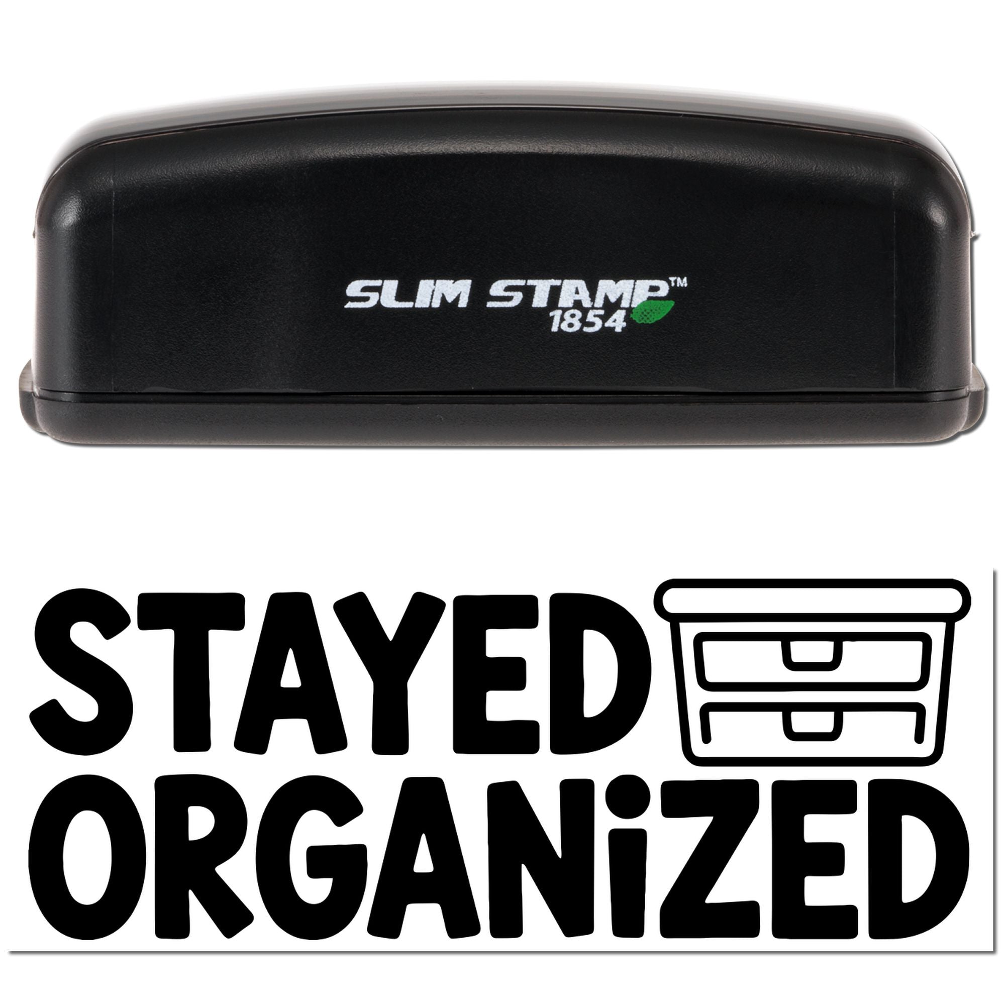 Black Slim Stamp 1854 self-inking stamp/seal in black, with green leaf logo, above bold Stayd Organized text and drawer icon.