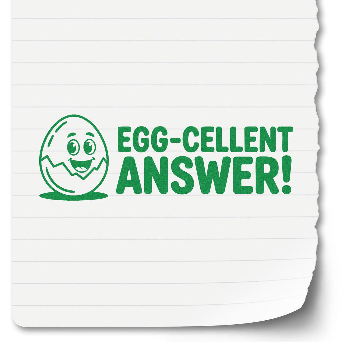 Shiny Egg-Cellent Answer teacher reward stamp in use, featuring a cute egg design on a stock rubber stamp for classroom rewards.