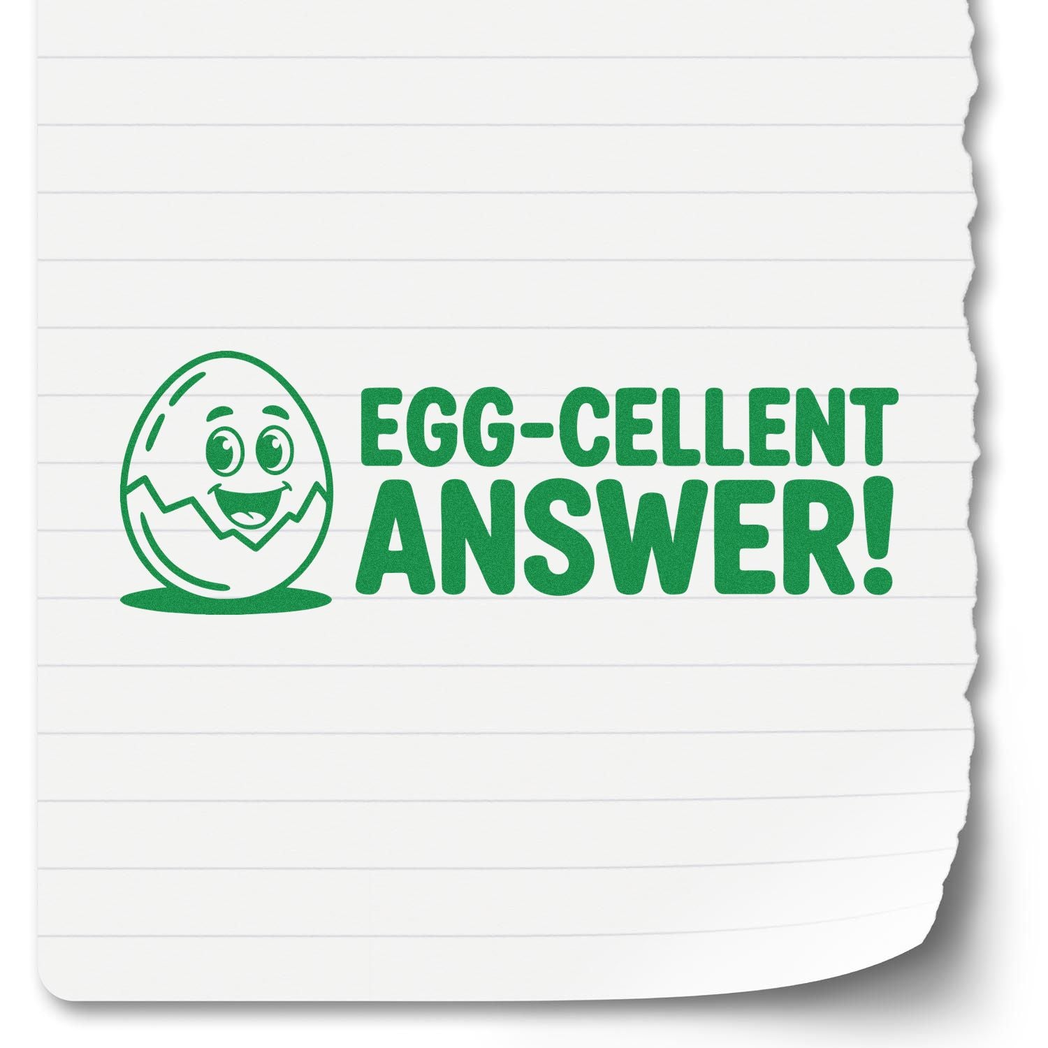 Green egg cartoon stamp with Egg-cellent Answer! on white lined paper, a playful seal product.