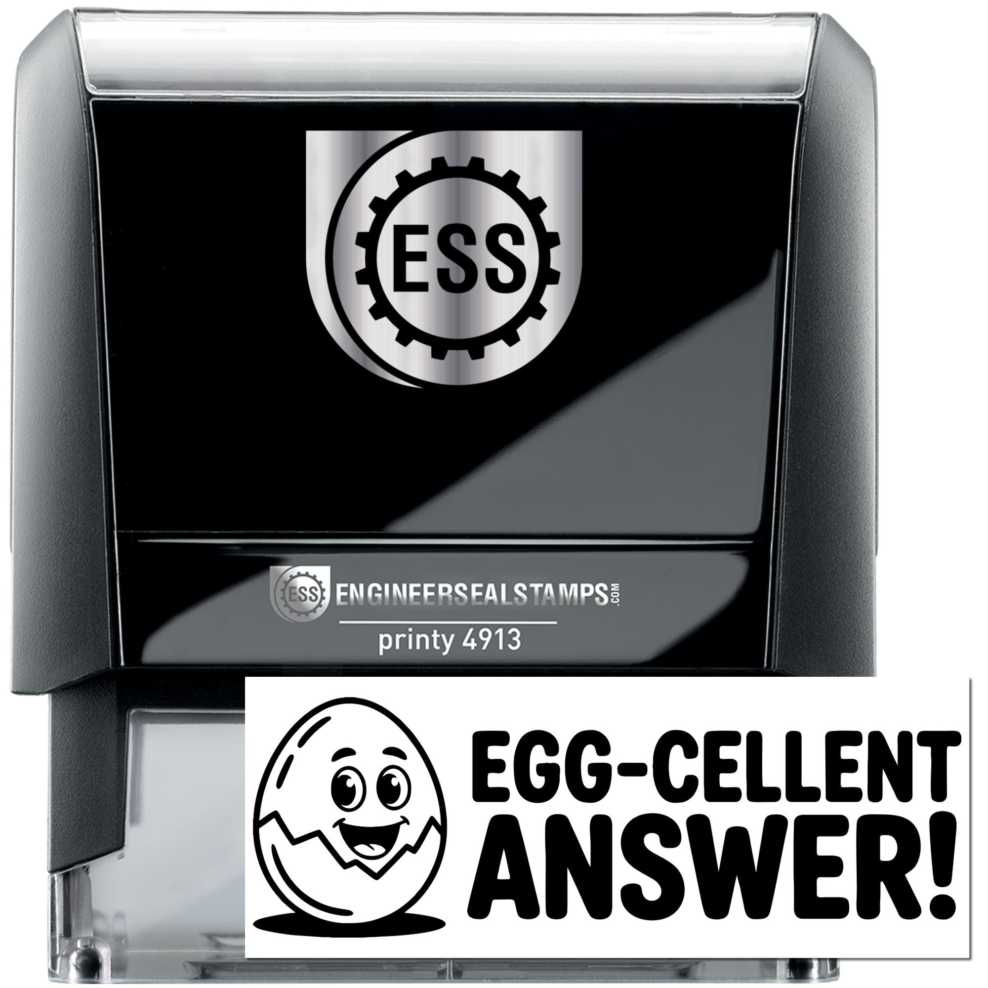 Black and silver self-inking ESS engineer seal stamp with gear logo and Egg-cellent Answer! mark