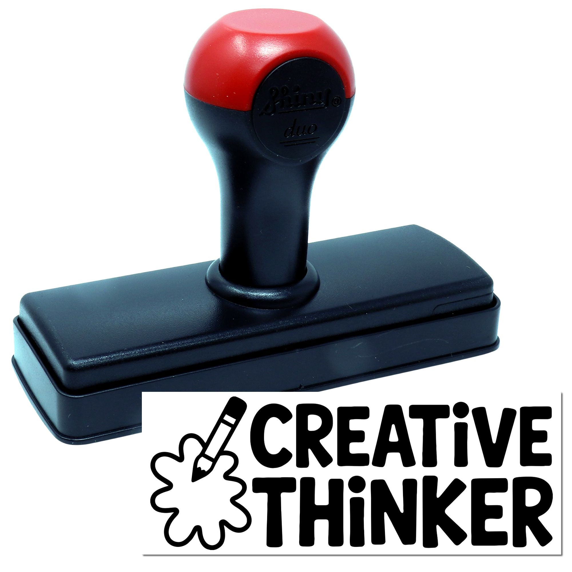 Red and black self-inking stamp seal with Creative Thinker logo on a white background.