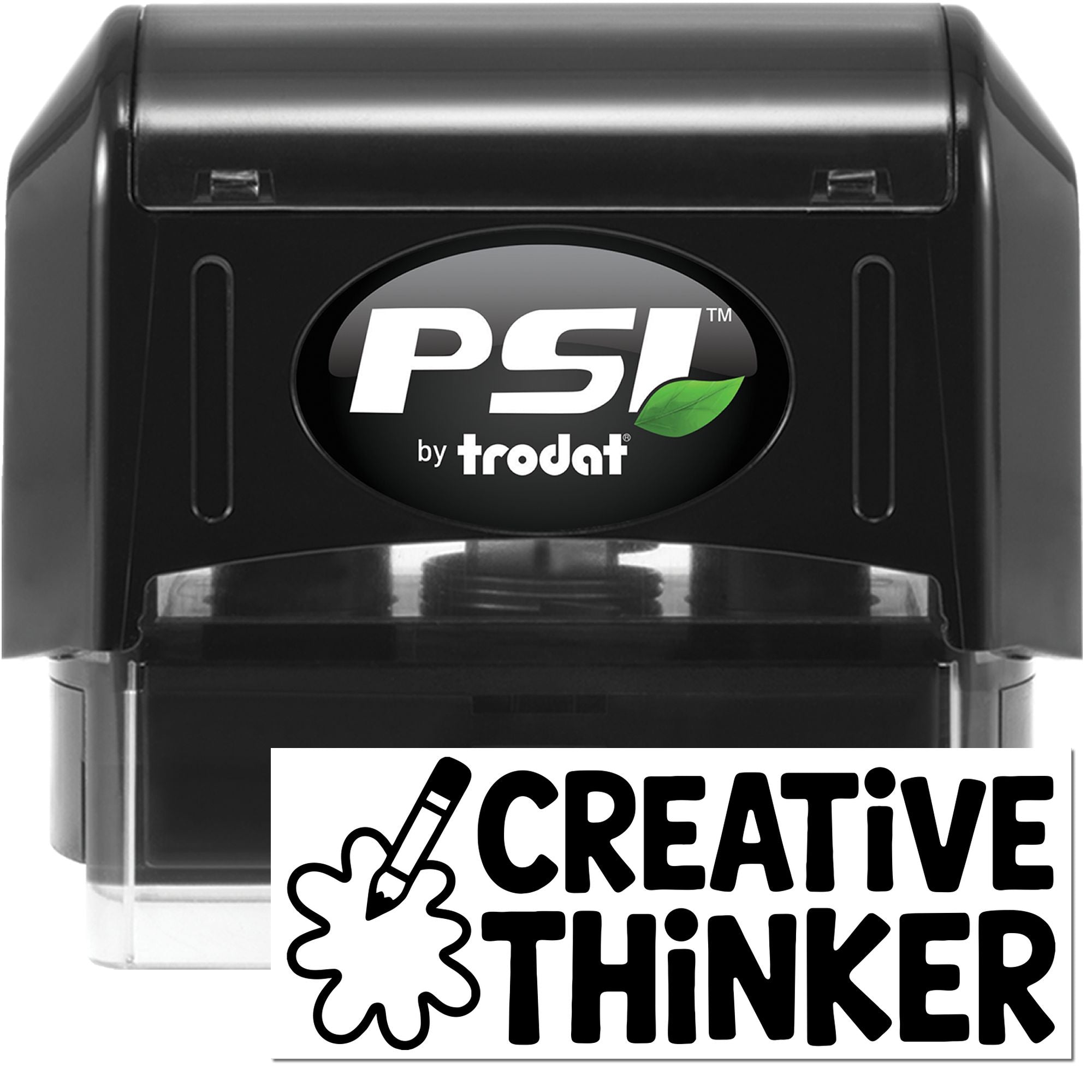 Black PSI by Trodat self-inking stamp and seal with Creative Thinker logo and green leaf accent