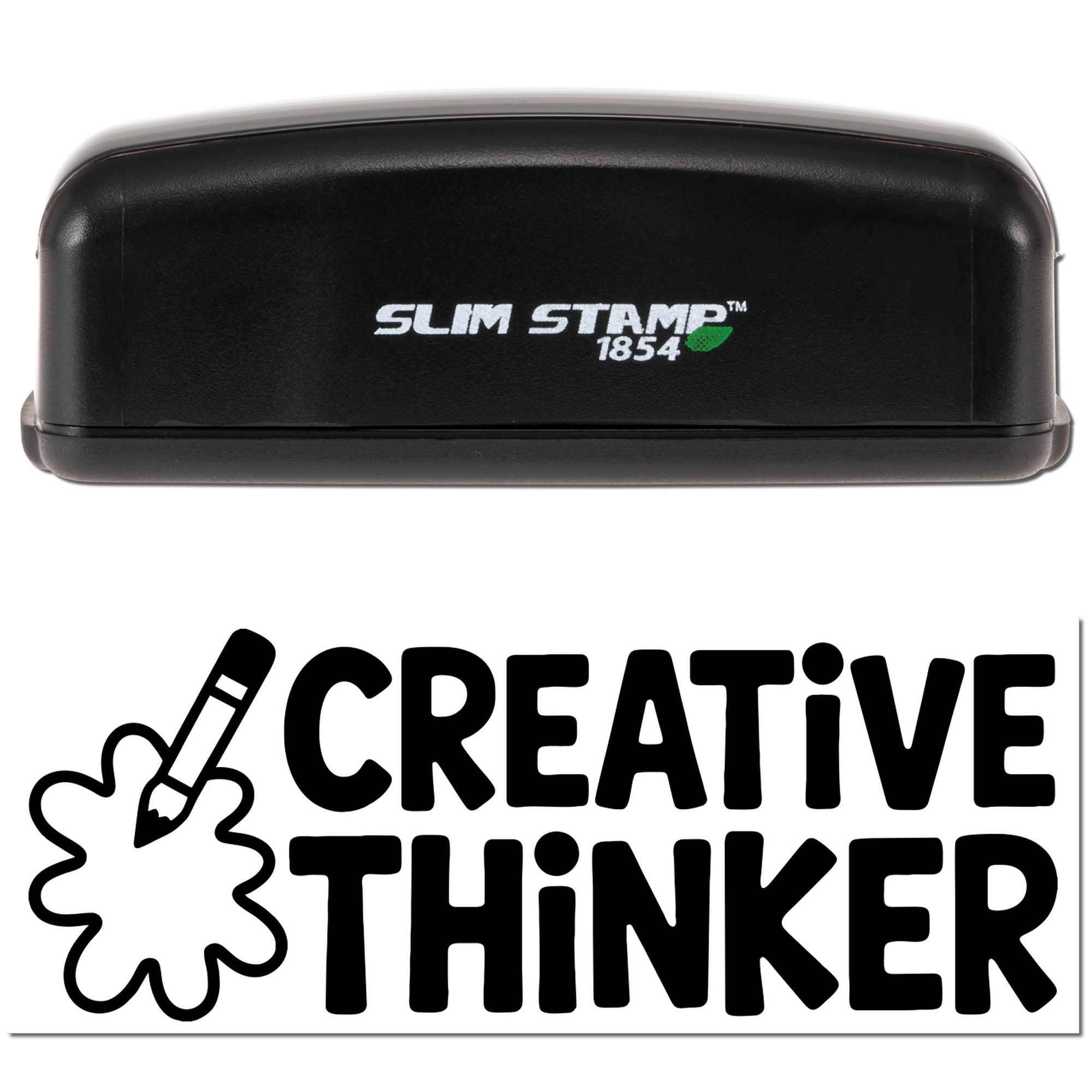 Black Slim Stamp 1854 seal with green leaf logo above bold black Creative Thinker text and pencil icon on white background.