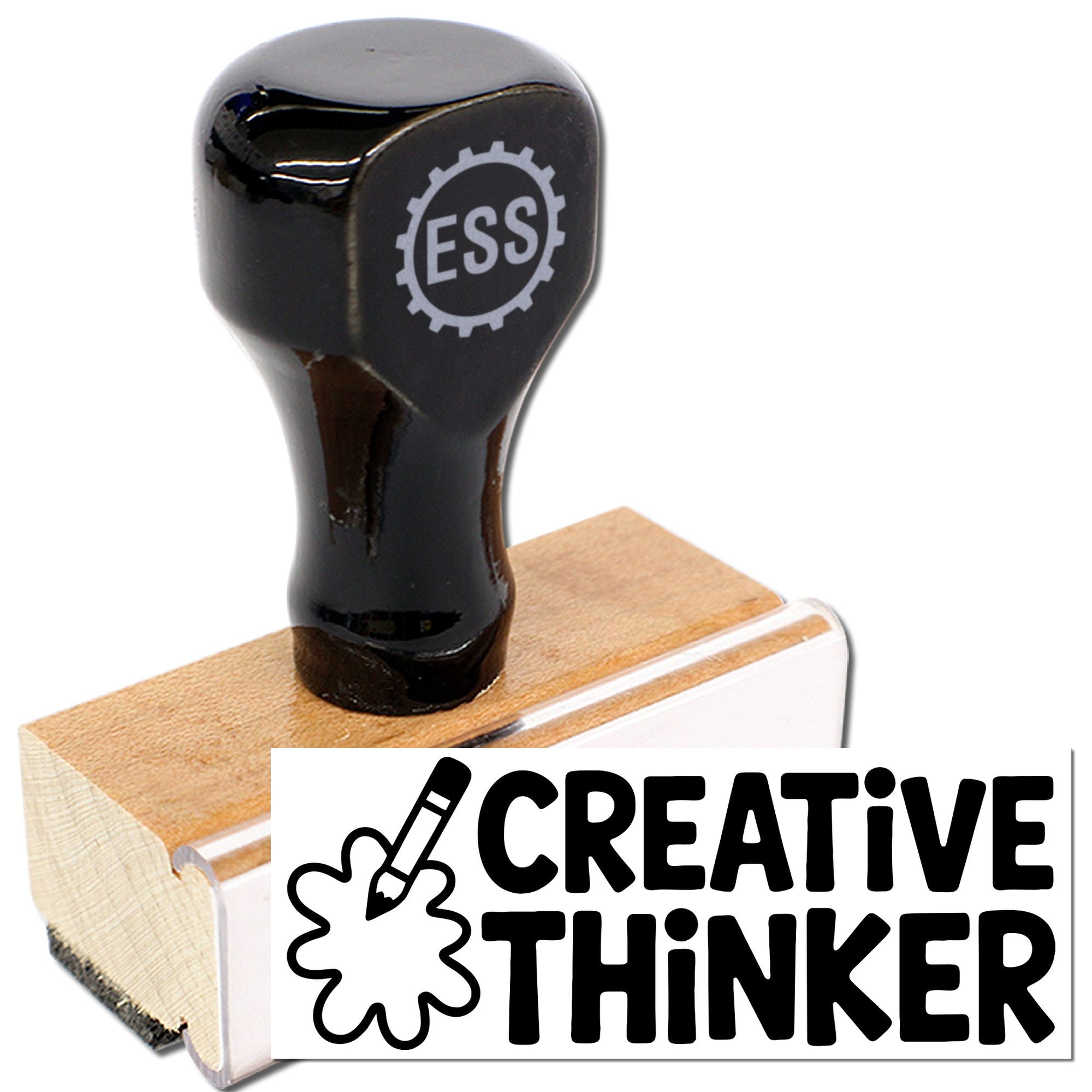 Glossy black rubber stamp and seal on a tan wooden base, with ESS logo and Creative Thinker design.