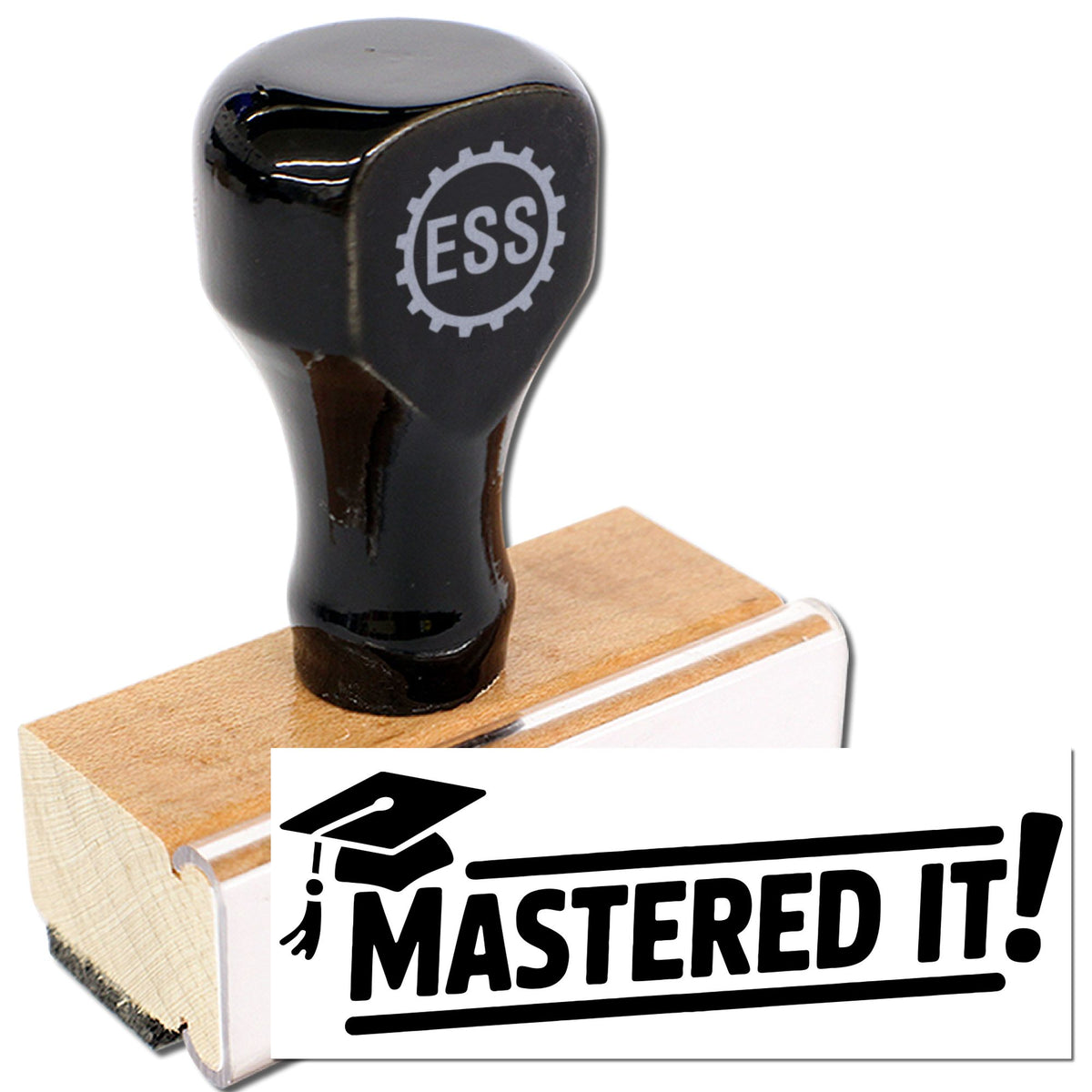Acorn stock stamp with a black rubber impression and wooden handle, used for positive feedback and organization in office or classroom.