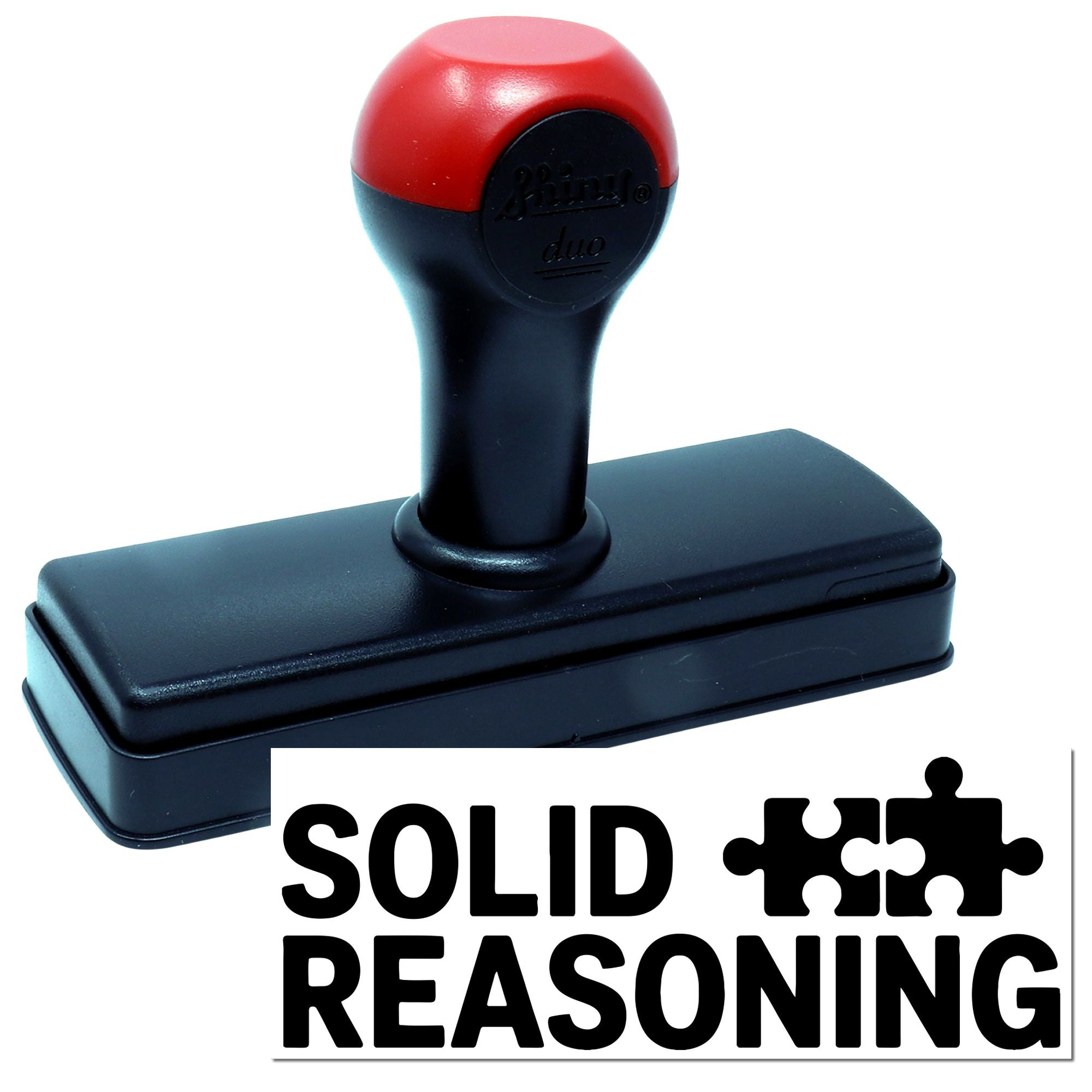 Red-and-black self-inking stamp and seal with Solid Reasoning logo and jigsaw puzzle icon