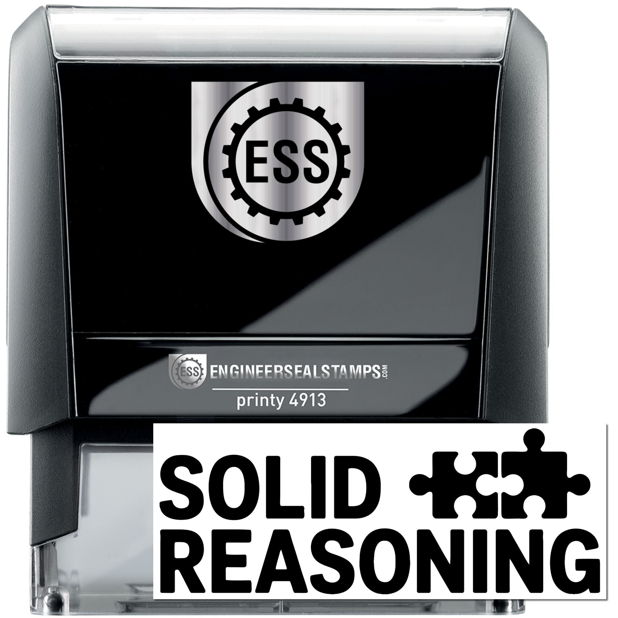 Black ESS self-inking stamp and seal with silver accents, showing the SOLID REASONING logo.