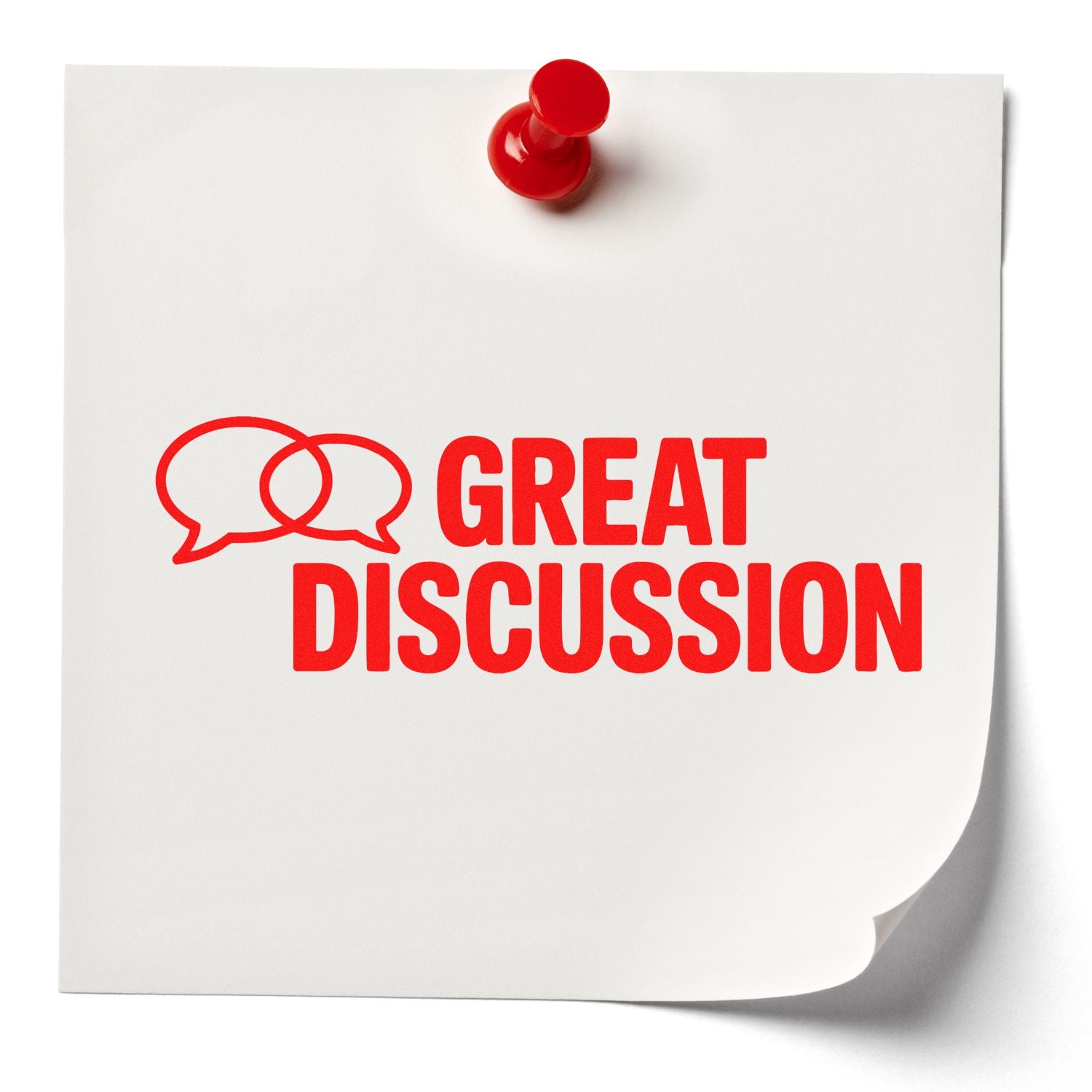 White paper seal stamp with red pushpin and bold red GREAT DISCUSSION speech bubble graphic.