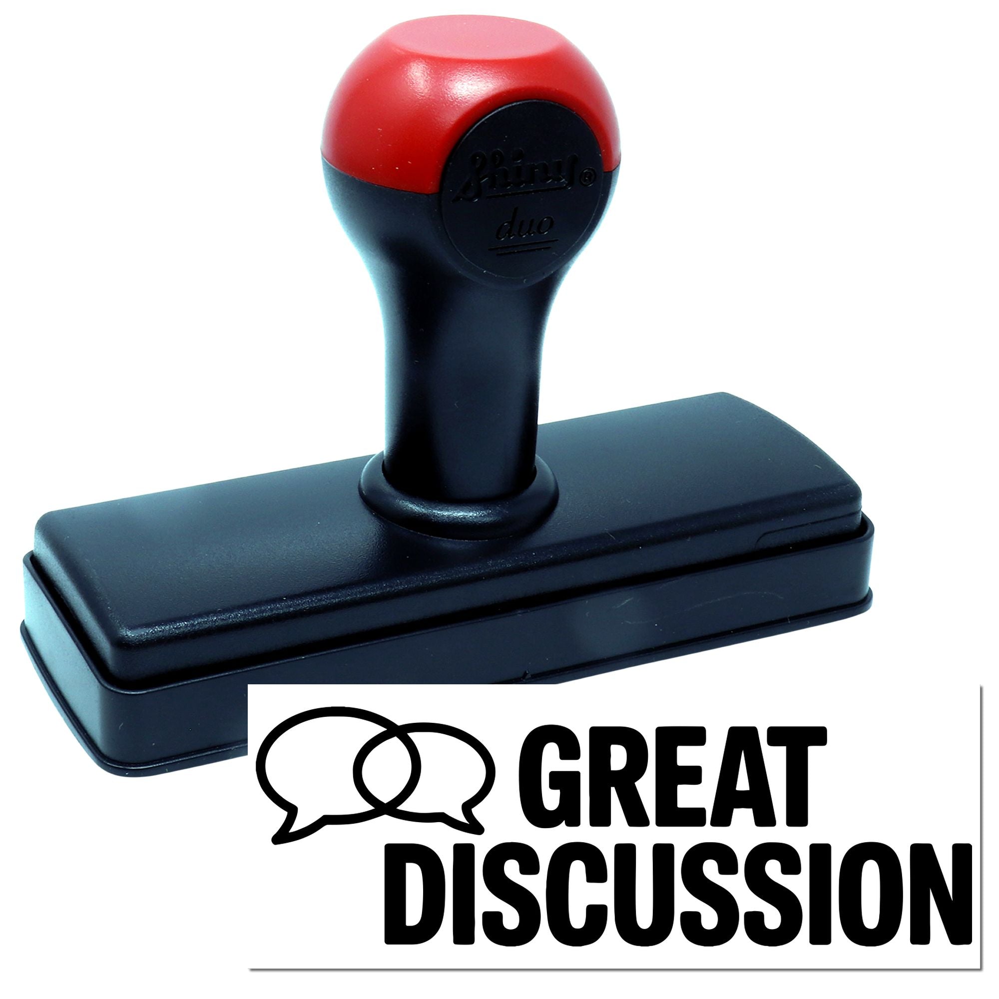 Red and black self-inking stamp and seal with Great Discussion text and speech bubble icon.