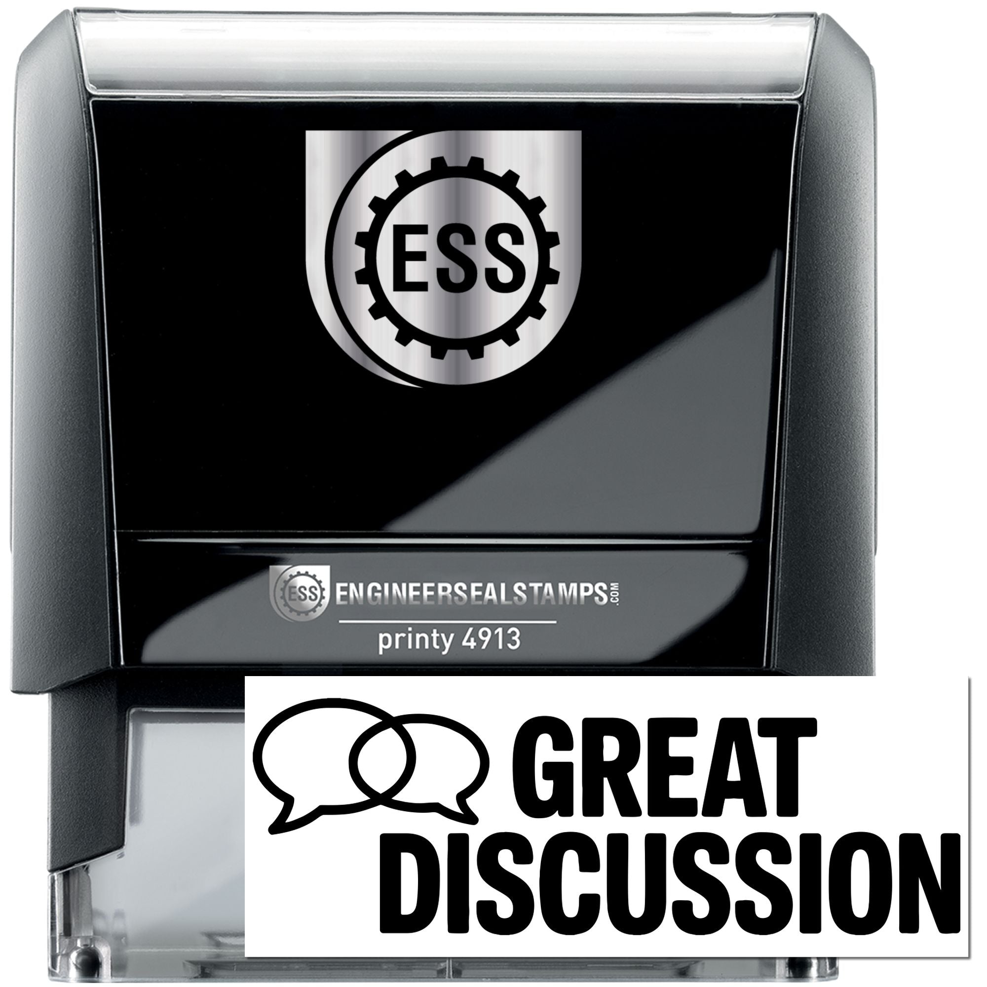 Black and silver self-inking ESS engineer seal stamp, Printy 4913, with Great Discussion impression.