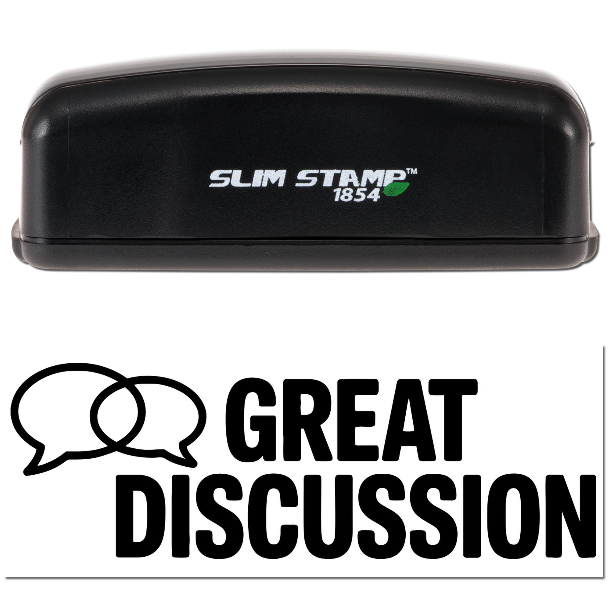 Black Slim Stamp 1854 stamp case and seal graphic with speech bubble icon, bold Great Discussion text on white.