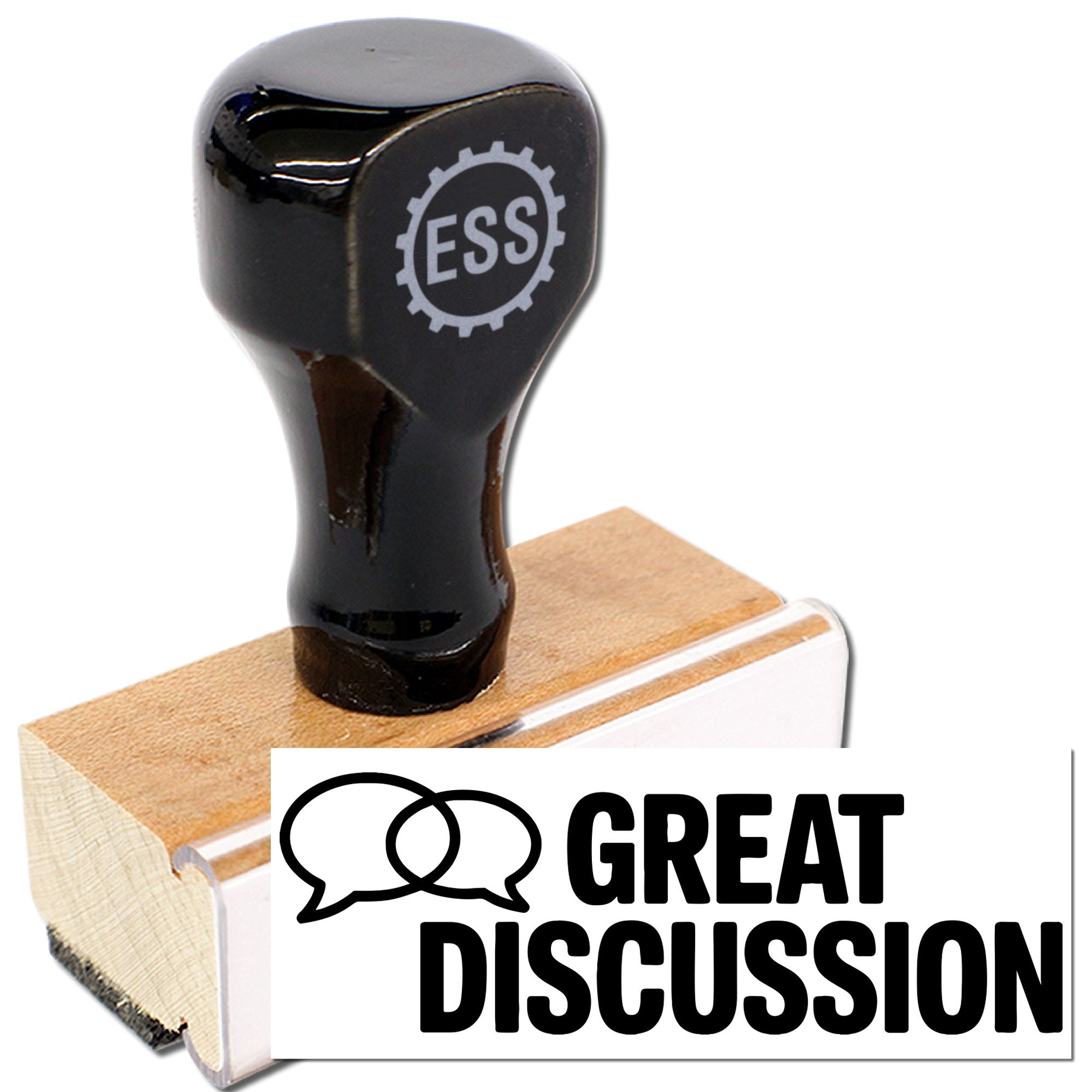 Black custom rubber stamp with ESS gear logo on a wooden base, beside a white Great Discussion seal card.
