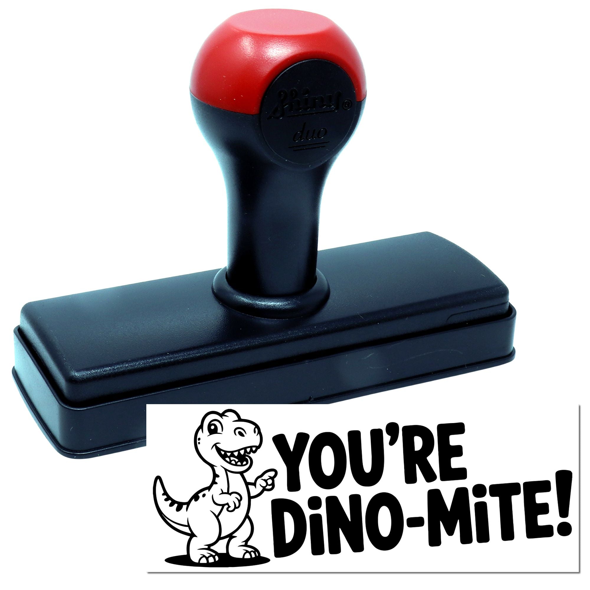 Red and black self-inking stamp and seal with dinosaur logo and bold Youre Dino-Mite! text
