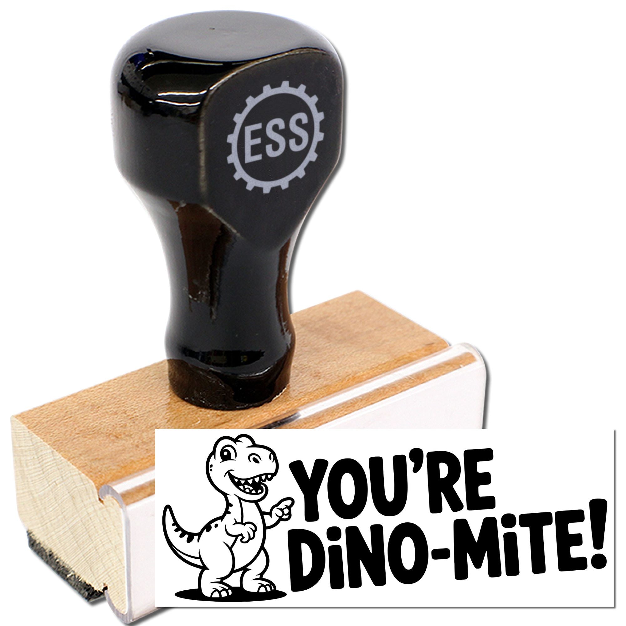 Black ESS rubber stamp on wooden base with white dinosaur seal reading YOURE DINO-MITE!