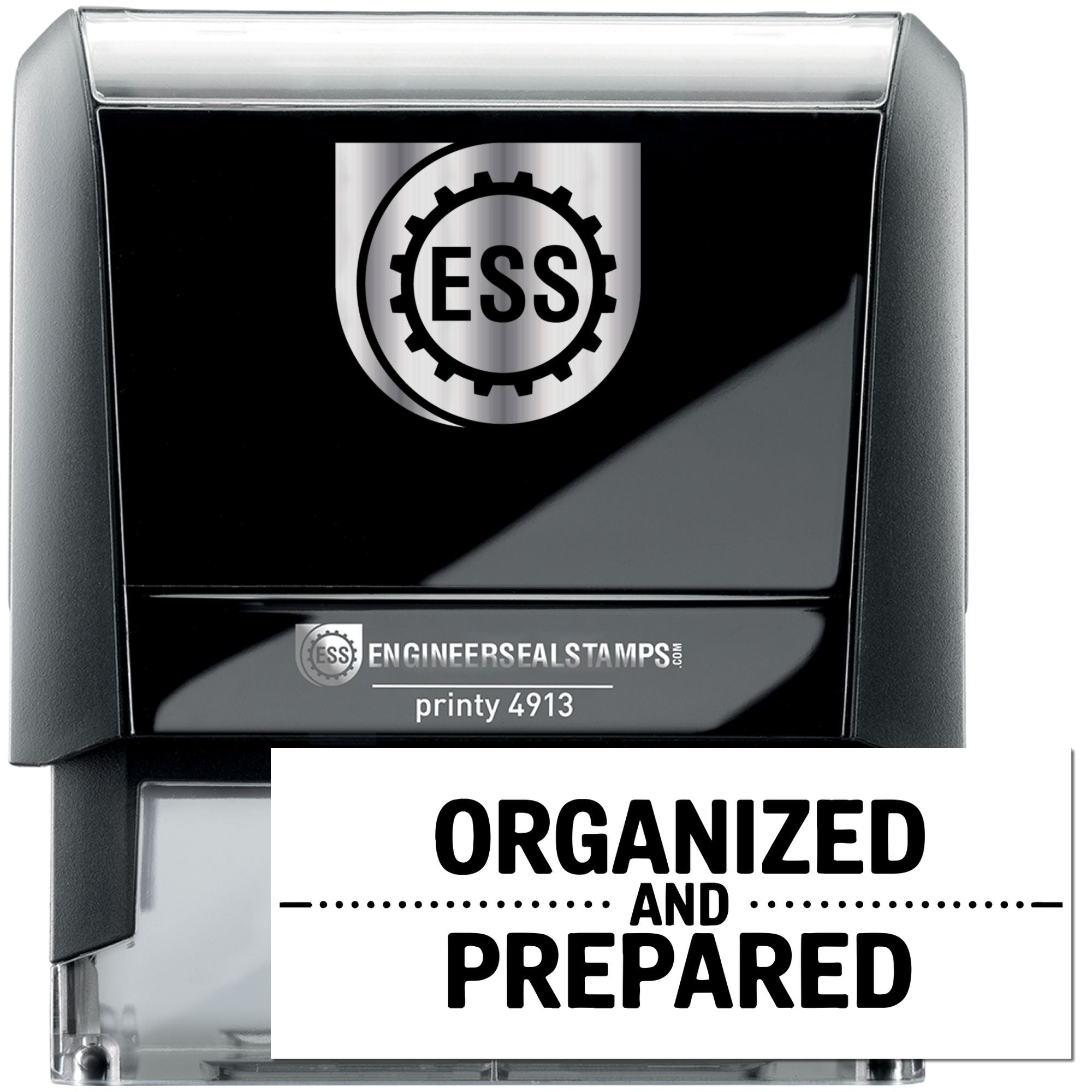 Black self-inking engineer seal stamp with ESS logo, silver-gray casing, and Organized and Prepared imprint.