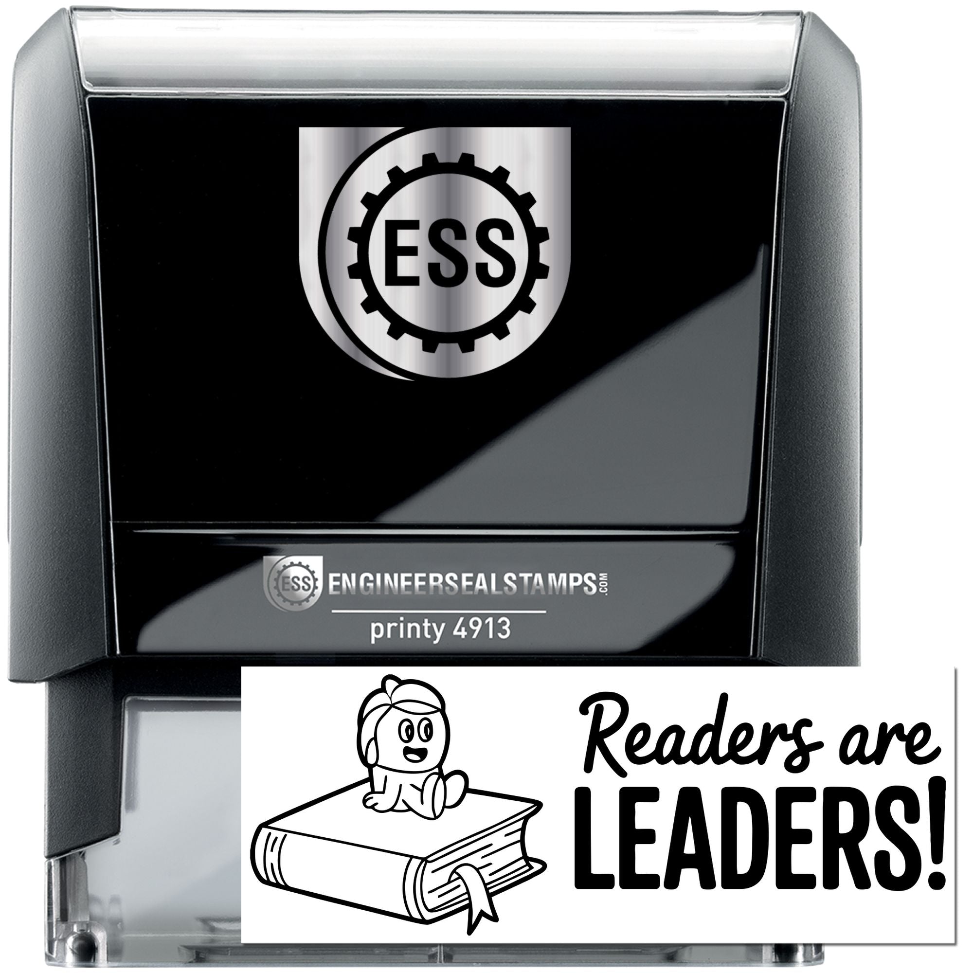 Black and silver self-inking engineer seal stamp with ESS logo, printy 4913, and Readers are LEADERS branding.