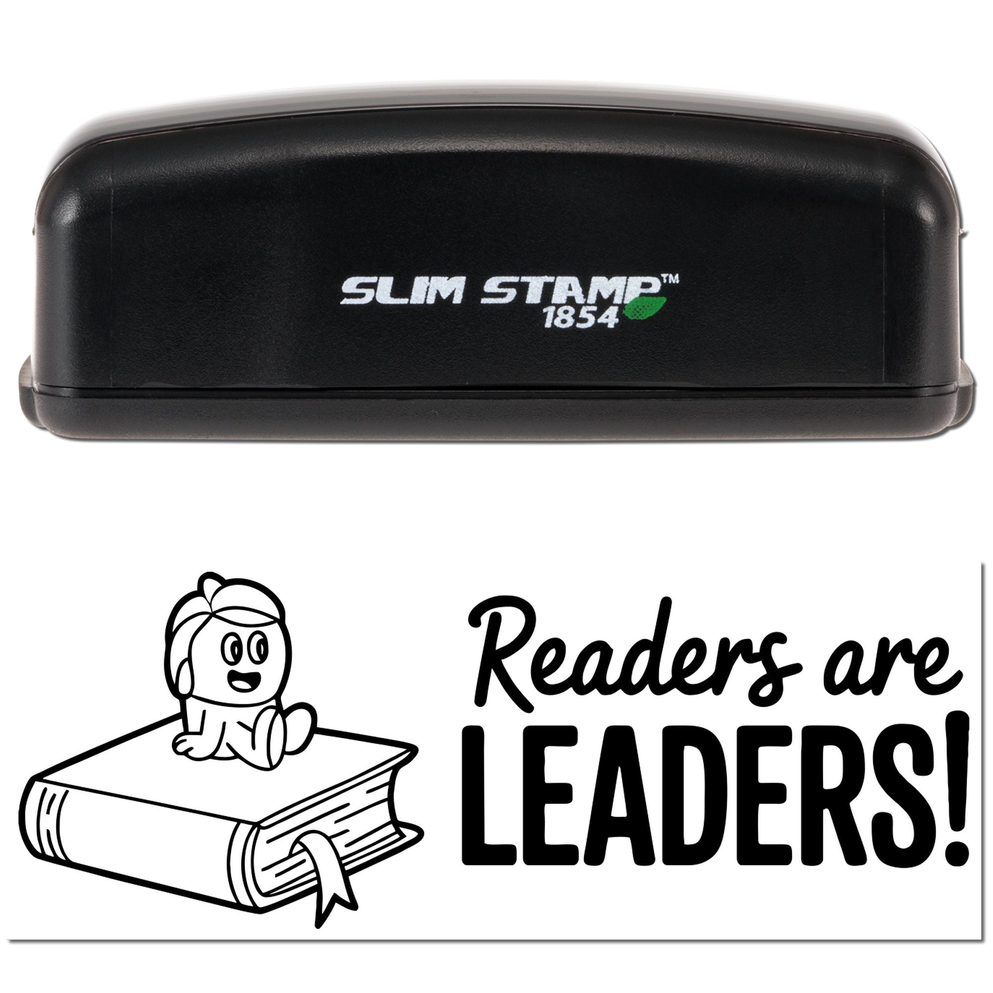 Black Slim Stamp 1854 self-inking stamp and seal with white Readers are LEADERS! design and cartoon child reading.