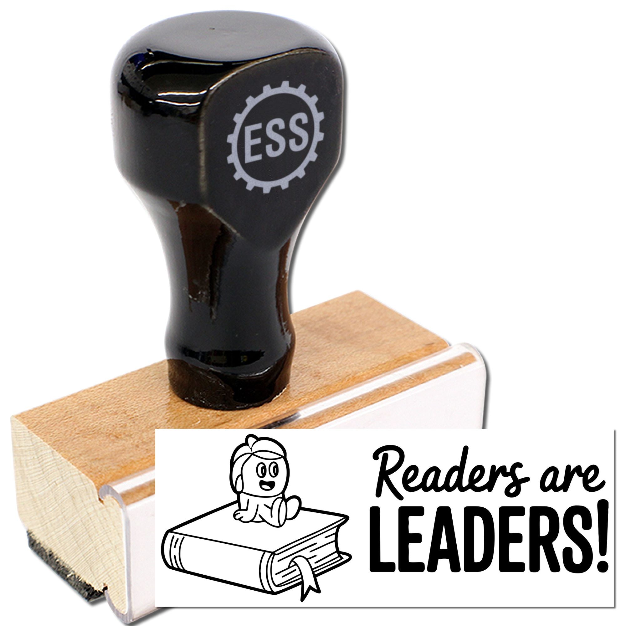Black ESS rubber stamp on wooden base with a Readers are LEADERS! book seal design in black and white.