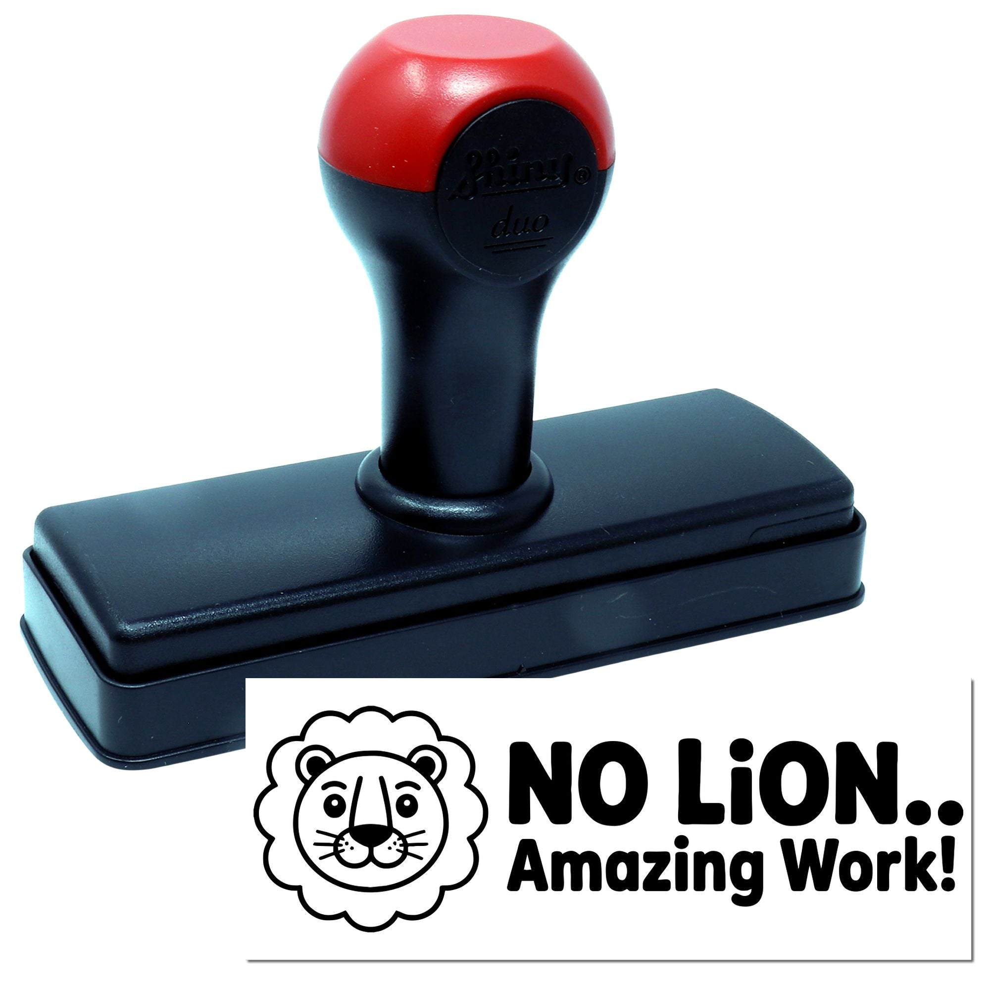 Red and black self-inking stamp and seal with lion logo and No Lion.. Amazing Work! on white background.