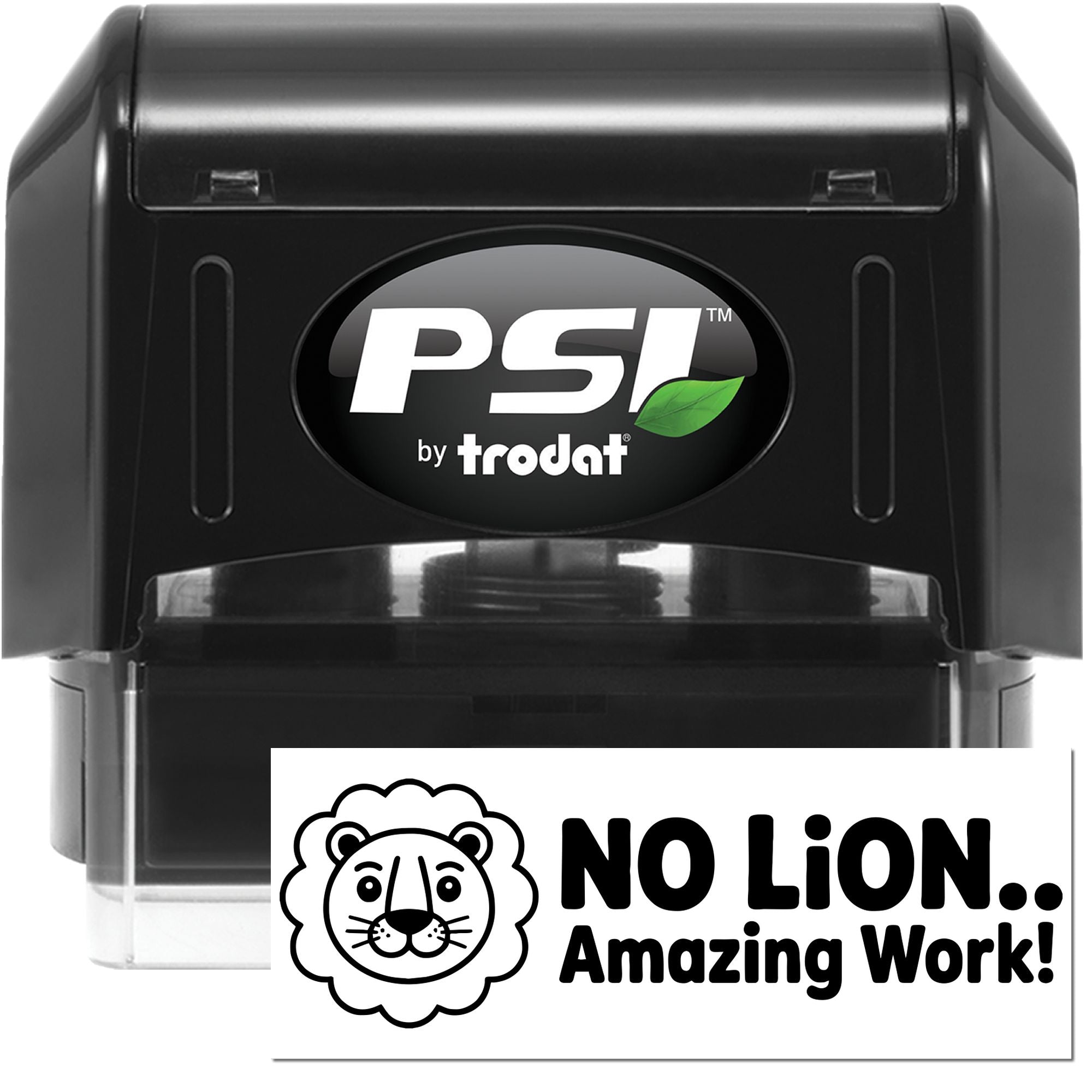 Black PSI by Trodat self-inking stamp and seal with green leaf logo and No Lion... Amazing Work! imprint