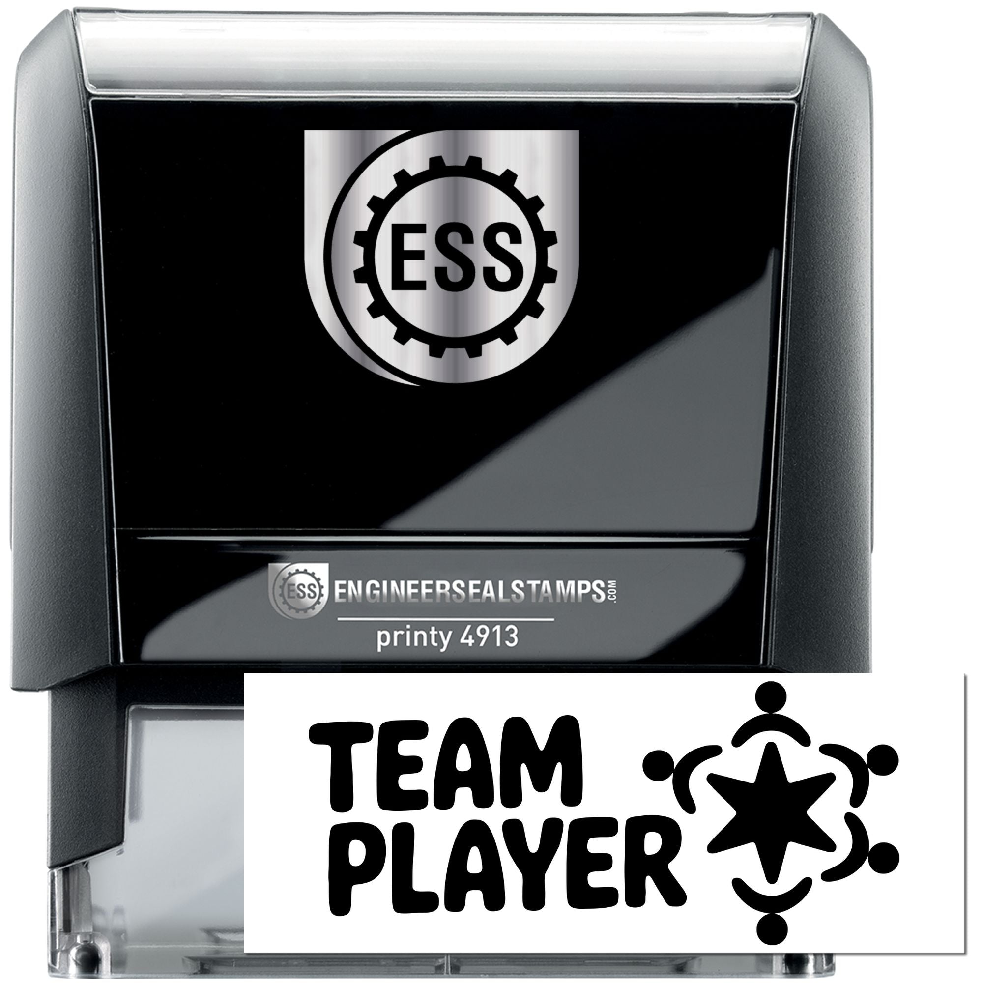 Black self-inking stamp and seal set with silver ESS logo and white Team Player design