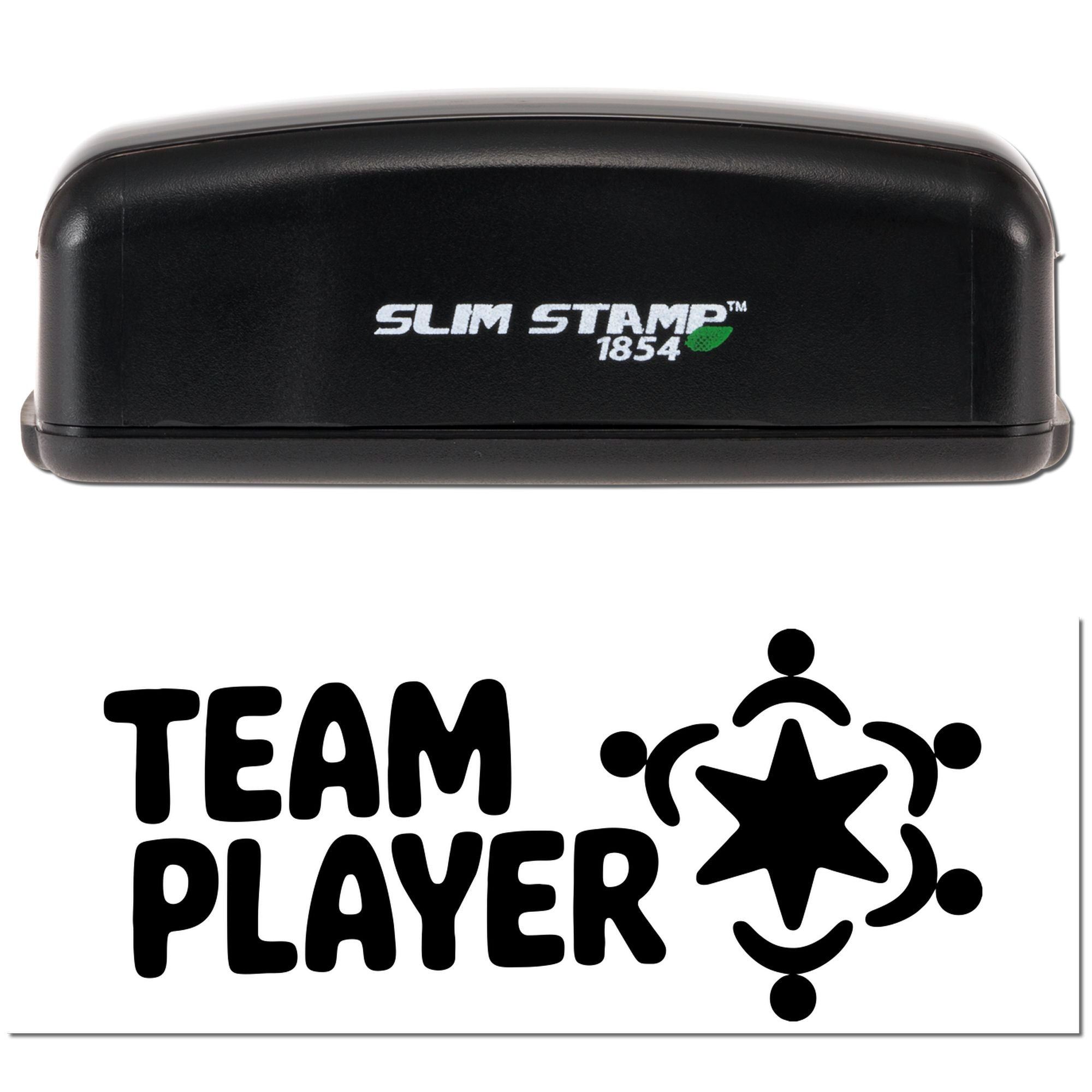 Black Slim Stamp 1854 self-inking stamp and custom seal with bold TEAM PLAYER text and star-people logo