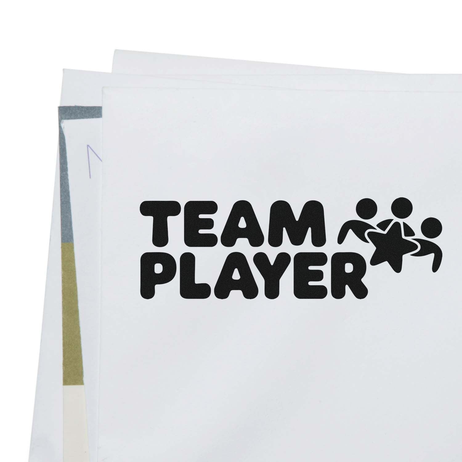 White stamp and seal package featuring bold black TEAM PLAYER text and team icon, with layered paper sheets.