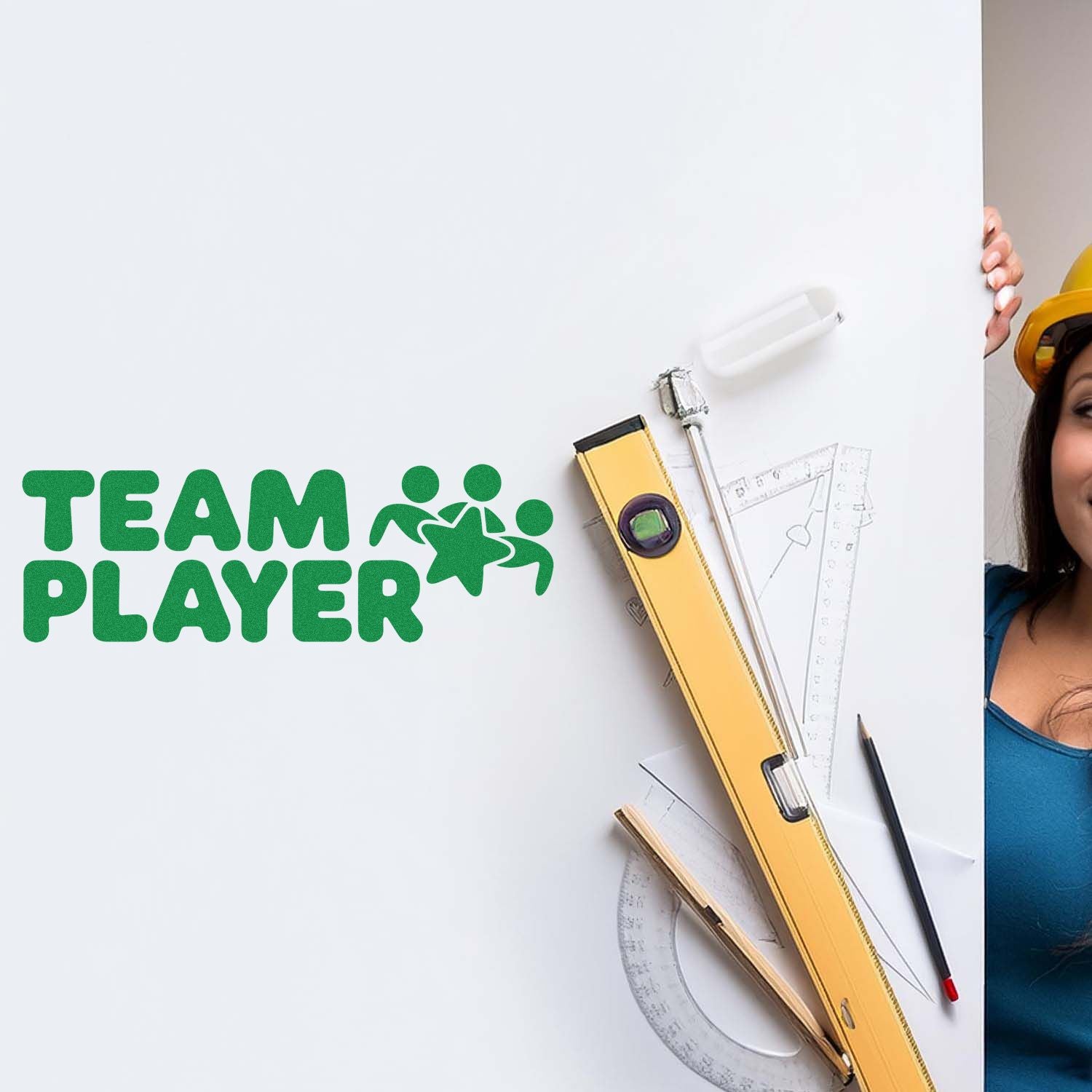 Green Team Player text with yellow stamp, seal, rulers, pencil, and drafting tools on a white board.