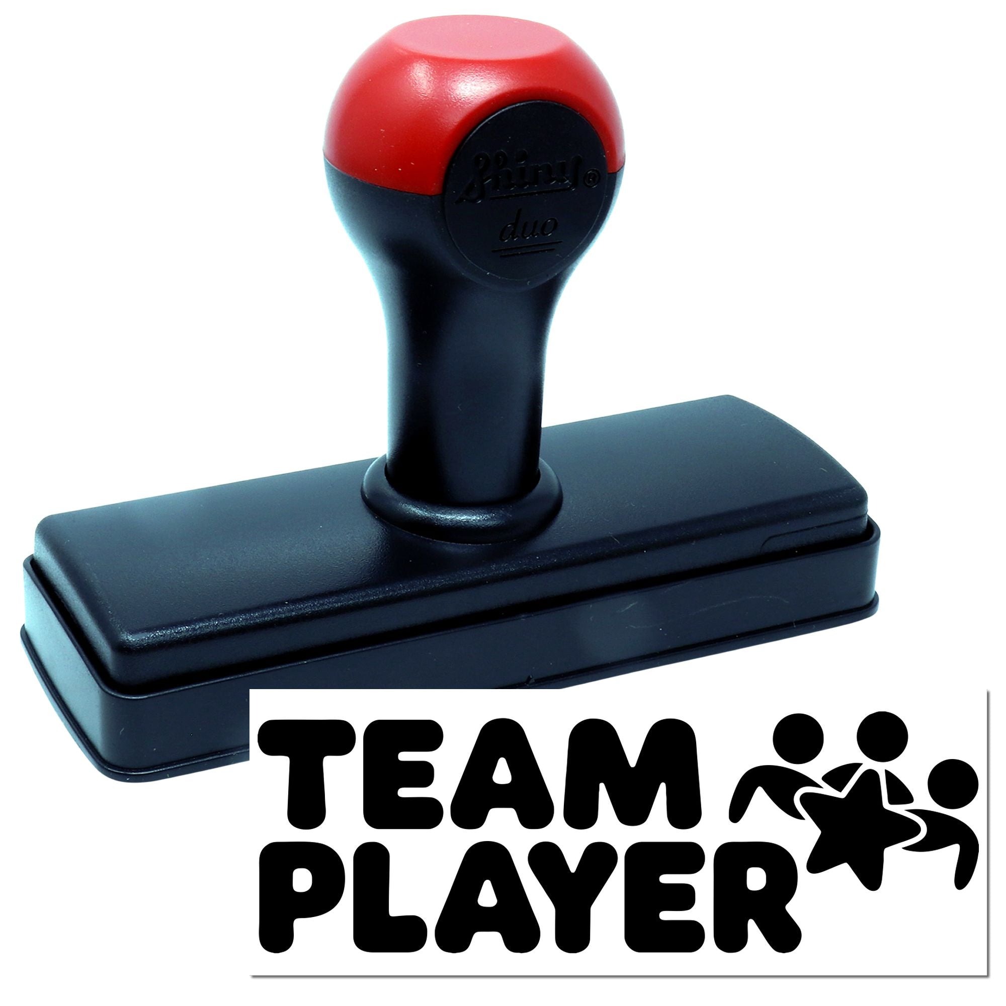 Red and black self-inking stamp and seal with TEAM PLAYER logo on white background.