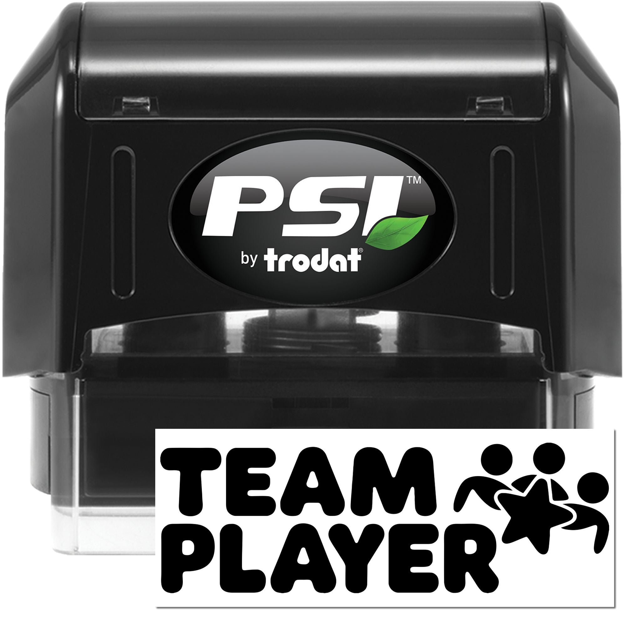 Black PSI by Trodat self-inking stamp and Team Player seal, black casing with white label and green leaf logo.
