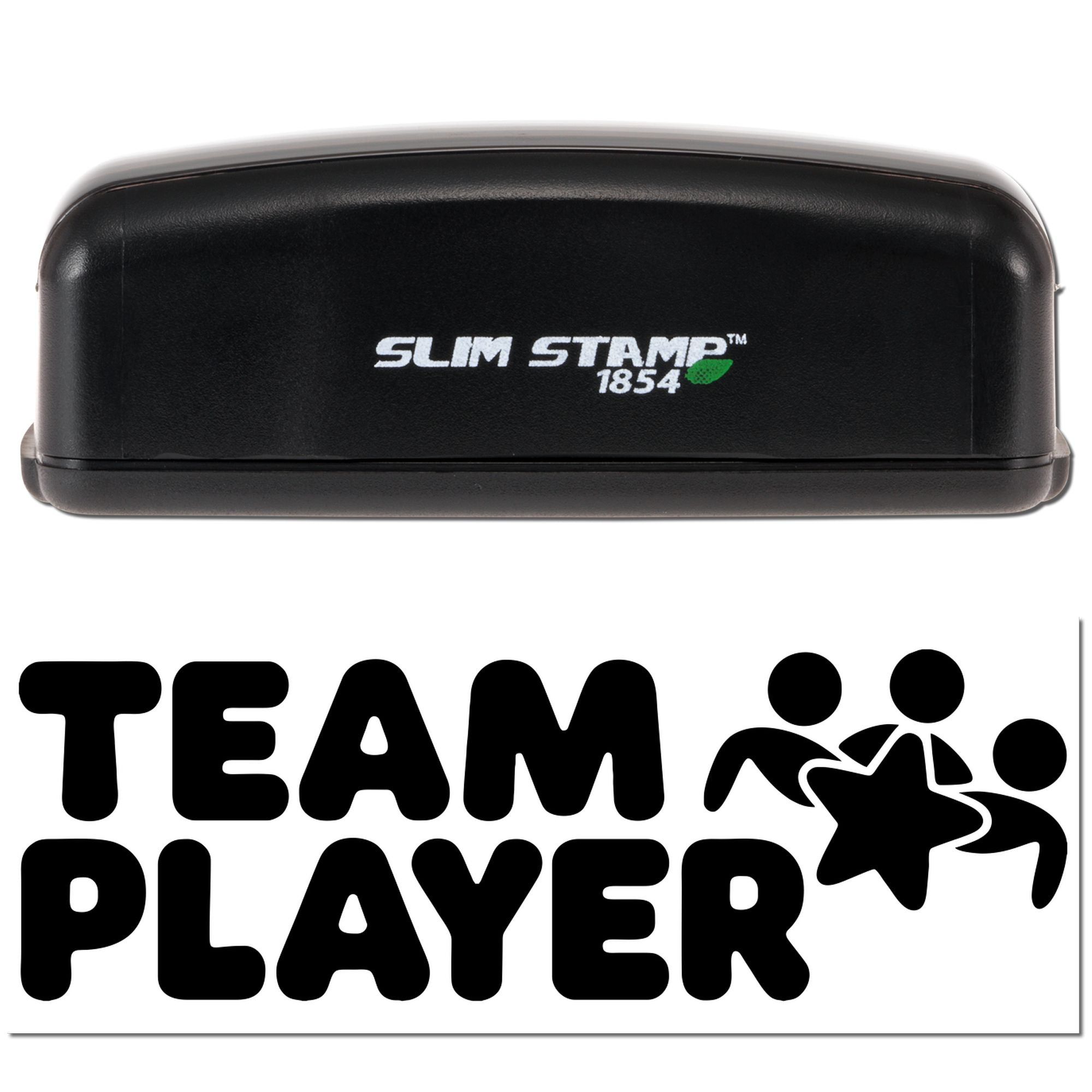Black Slim Stamp 1854 self-inking stamp case above bold TEAM PLAYER logo with white and black sports seal graphic.