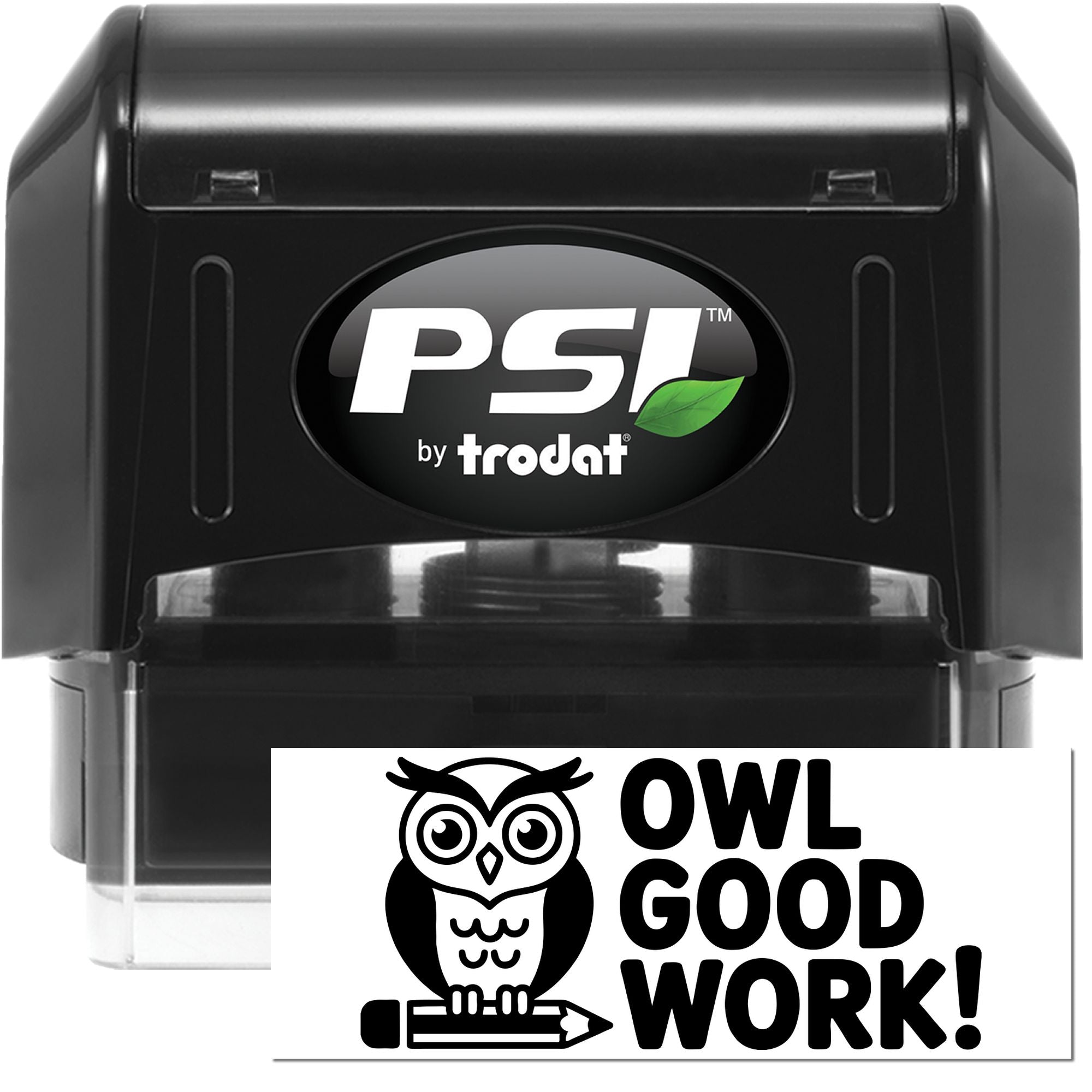 Black PSI by Trodat self-inking stamp and seal set with owl Good Work! design on white background.
