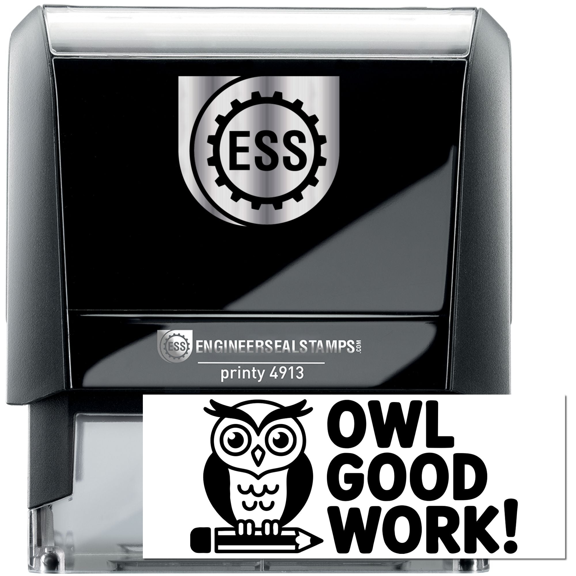 Black ESS self-inking stamp and clear owl seal stamp with bold black-and-white impressions, including OWL GOOD WORK!