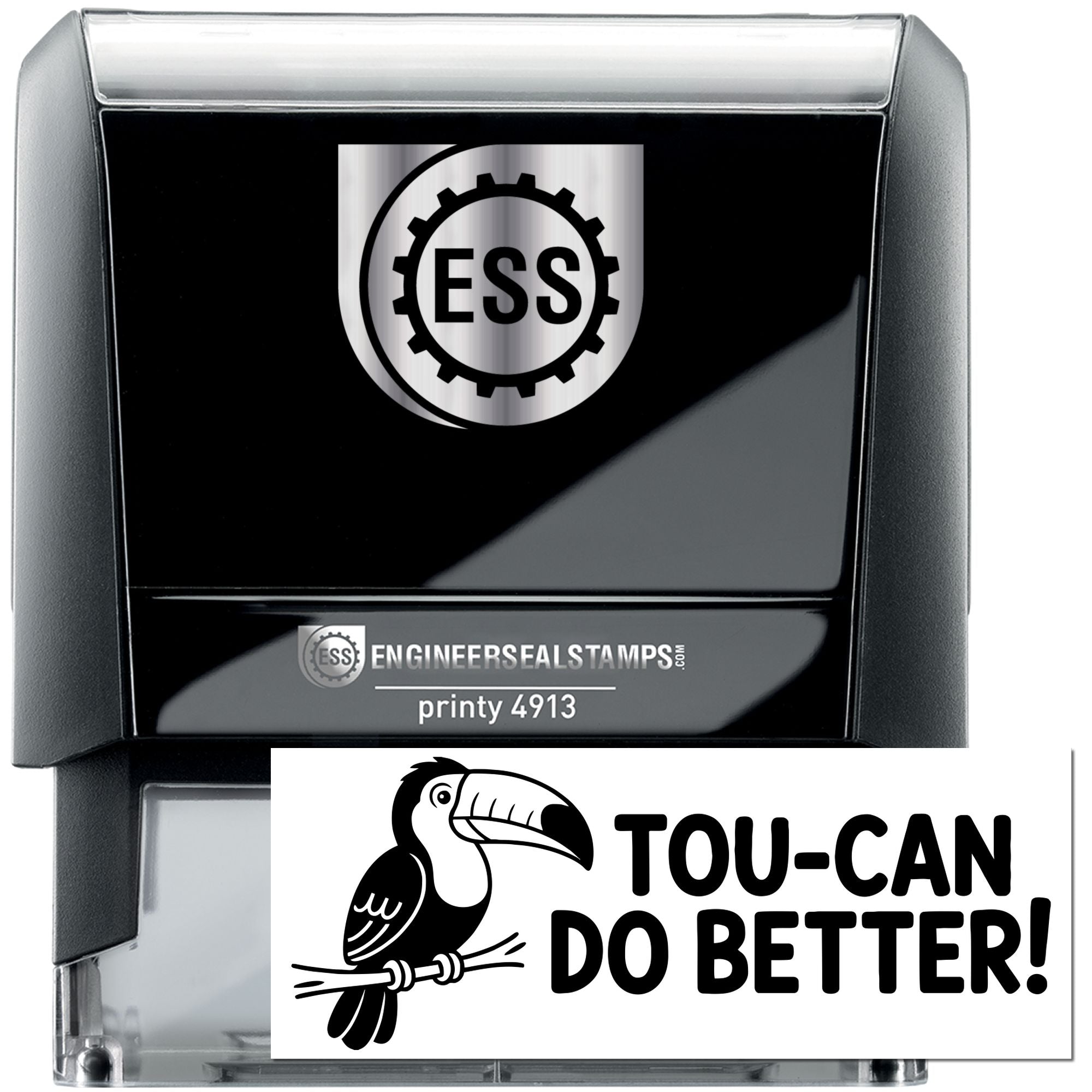 Black self-inking engineer seal stamp with silver ESS logo and white Toucan Do Better insert.