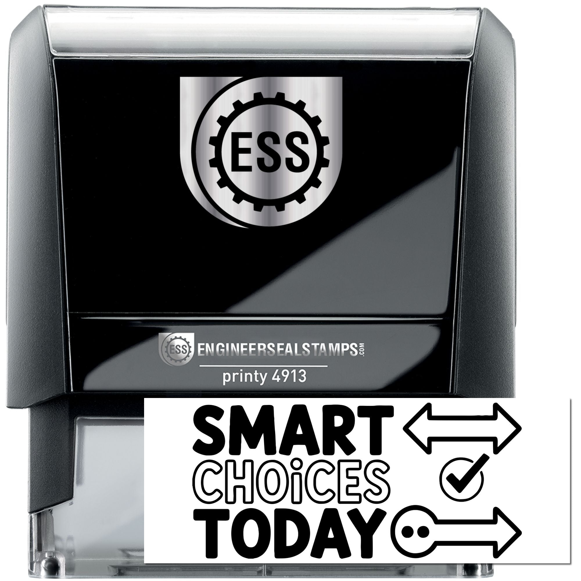 Black self-inking stamp and seal with silver ESS logo and bold SMART CHOICES TODAY text, plus arrow icons.