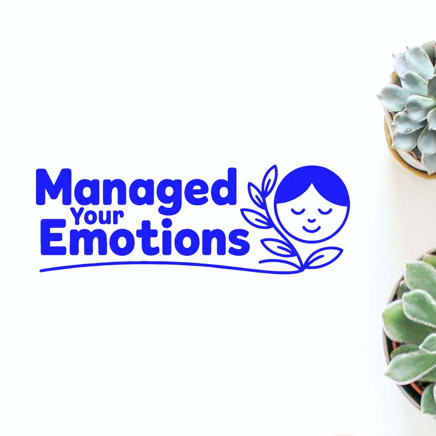 Blue Managed Your Emotions stamp seal with calm face and leaf icon on white background.