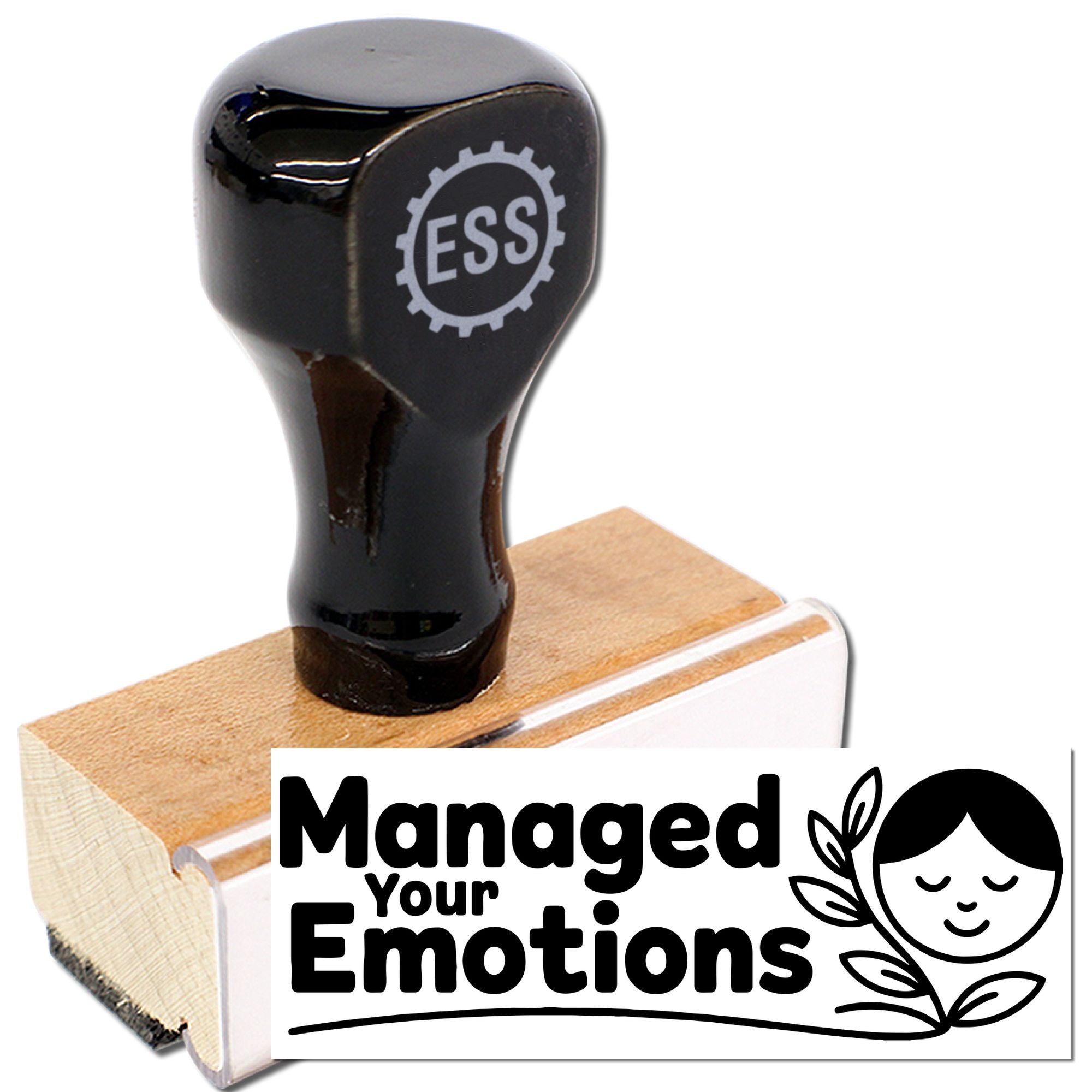 Black ESS rubber stamp on wooden block beside white seal card reading Managed Your Emotions with leaf and face icon