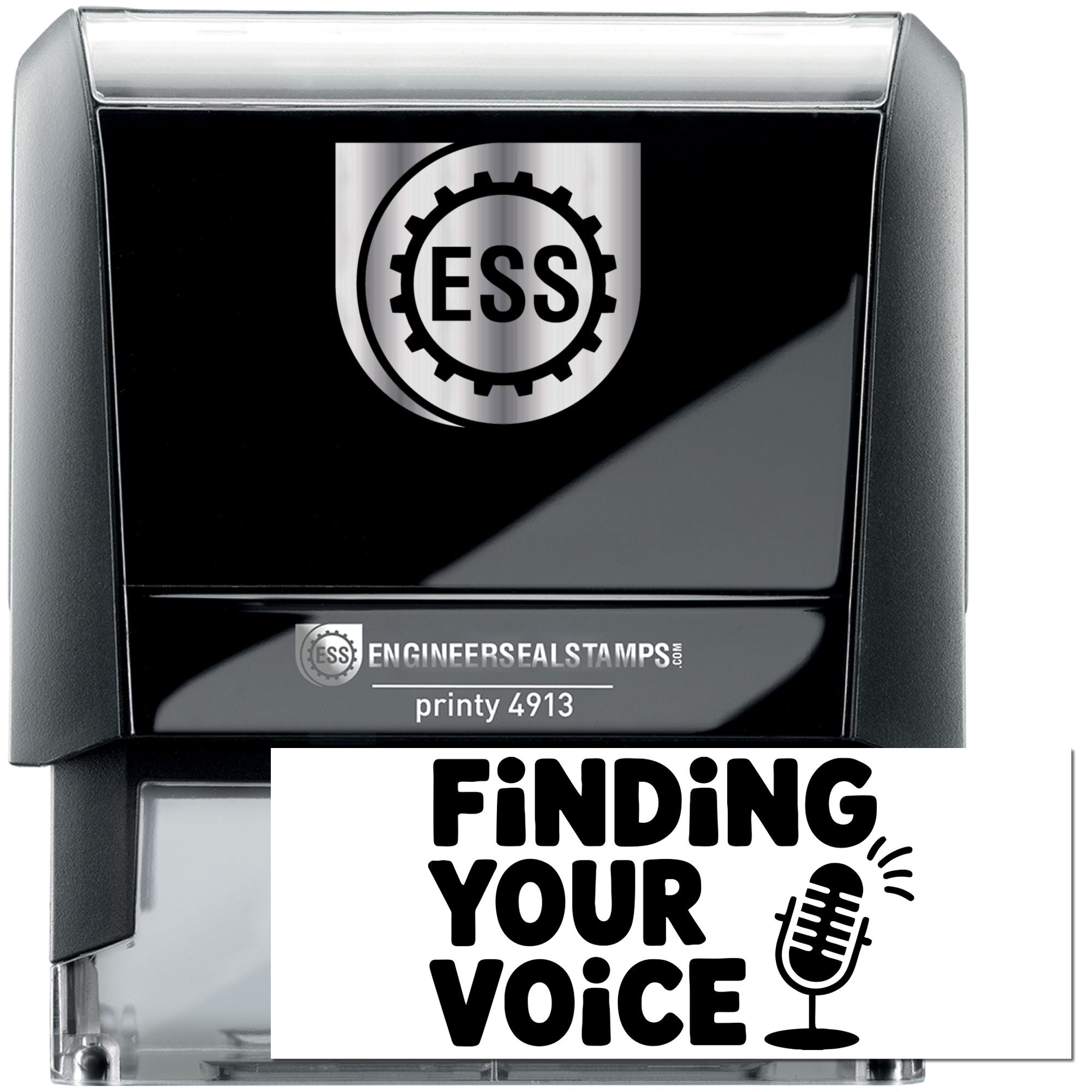 Black and silver ESS engineer seal stamp with Printy 4913 branding and Finding Your Voice microphone graphic.