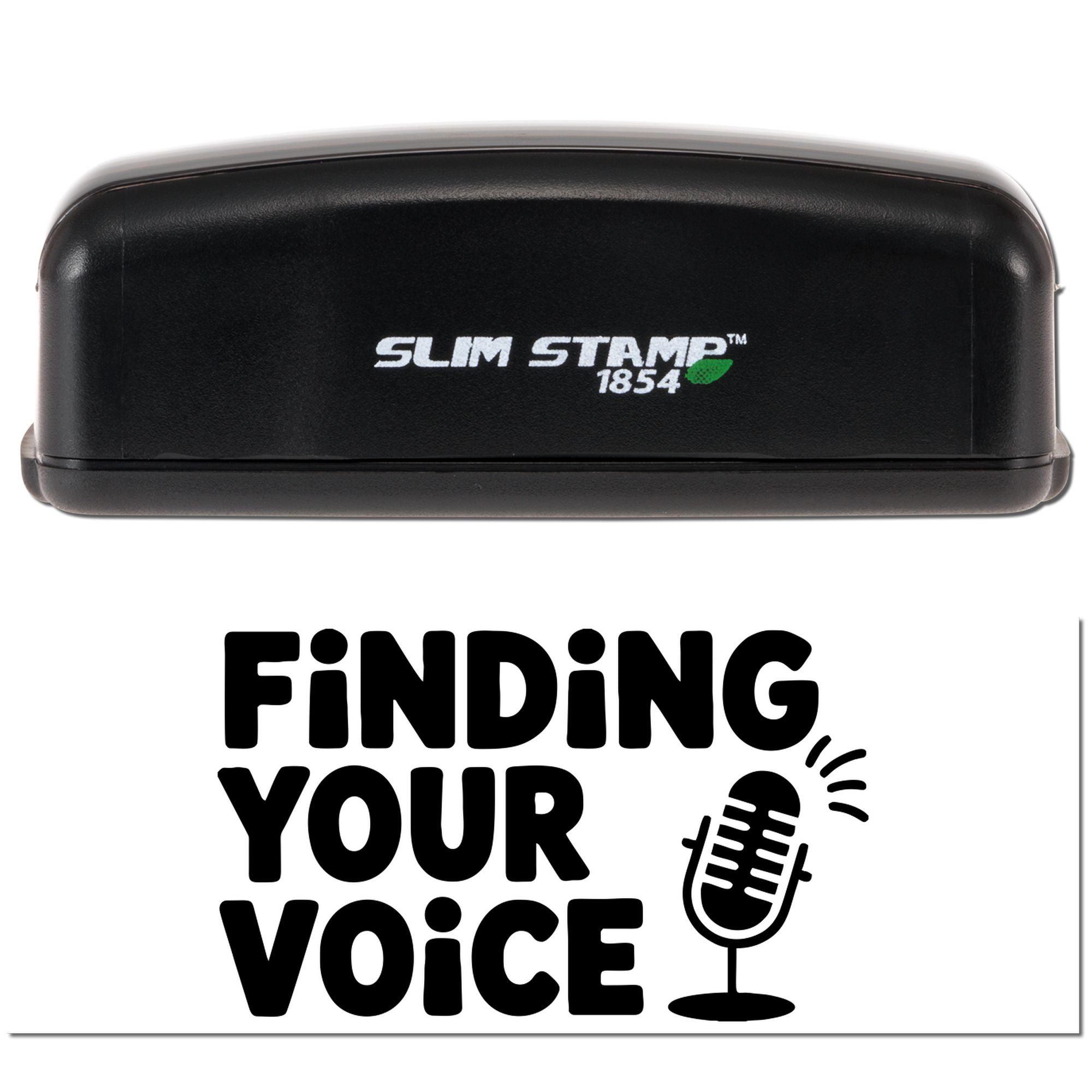 Black Slim Stamp 1854 stamp and seal set with white logo, plus Finding your voice text and microphone graphic.