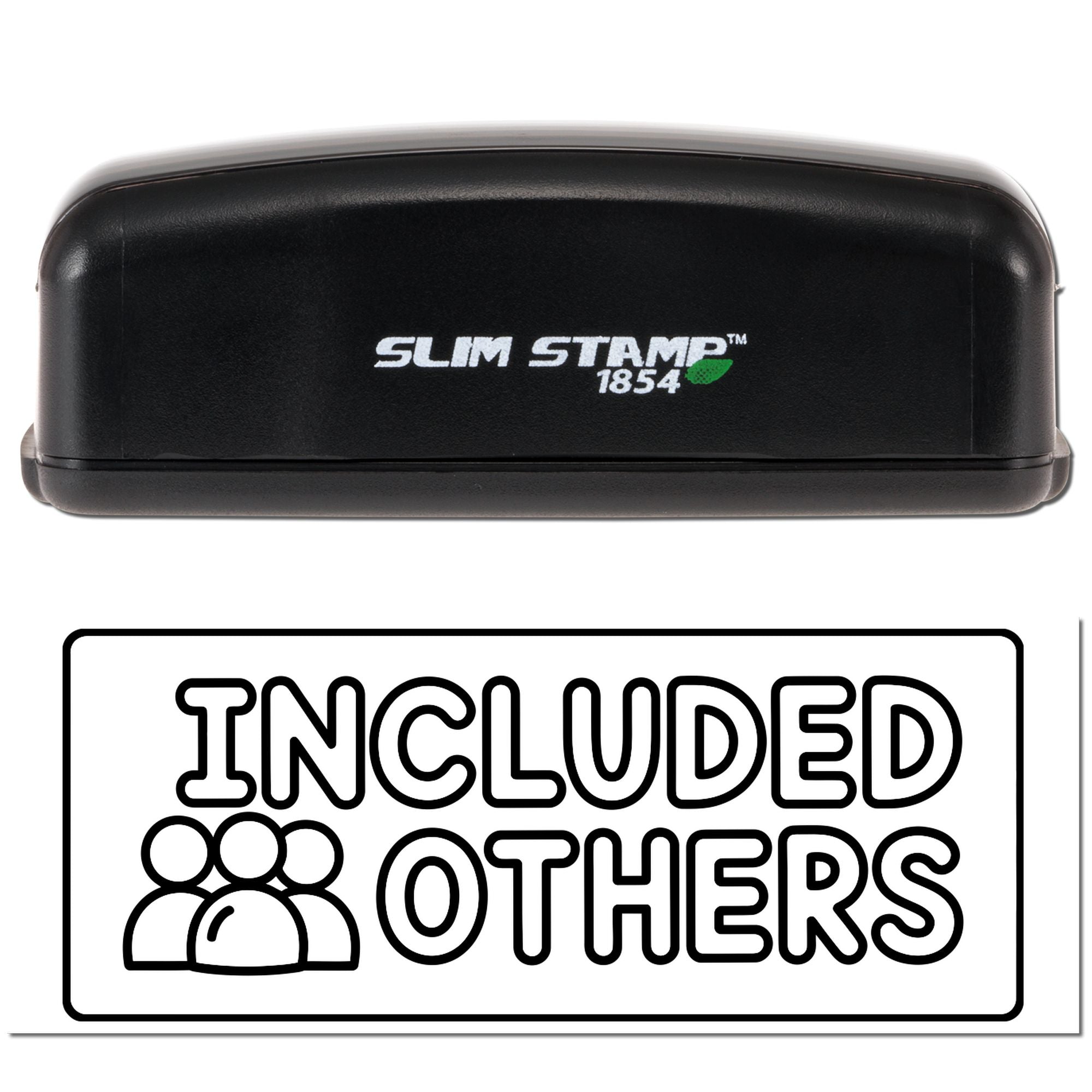 Black Slim Stamp 1854 self-inking stamp case in black with green logo, shown above an included Others seal on white background.