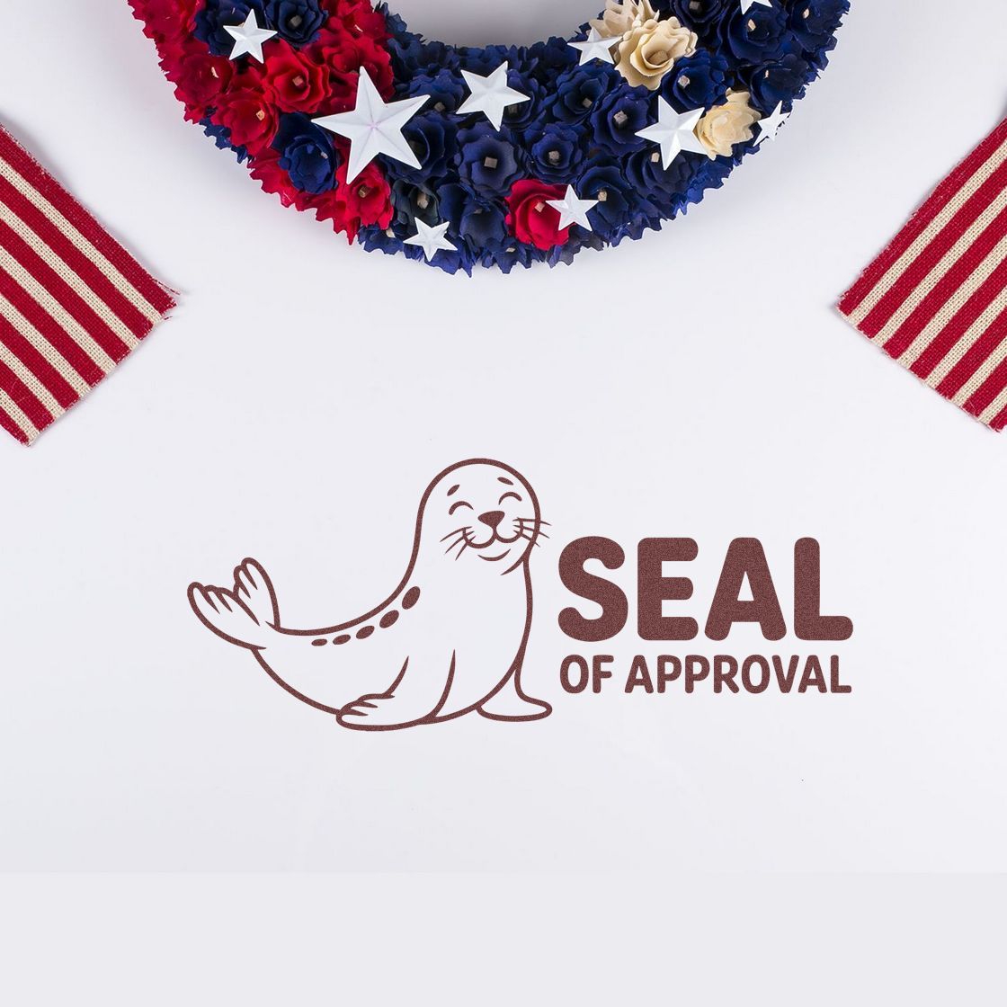 Brown seal stamp with smiling seal icon, red, white and blue floral wreath, and striped patriotic accents.