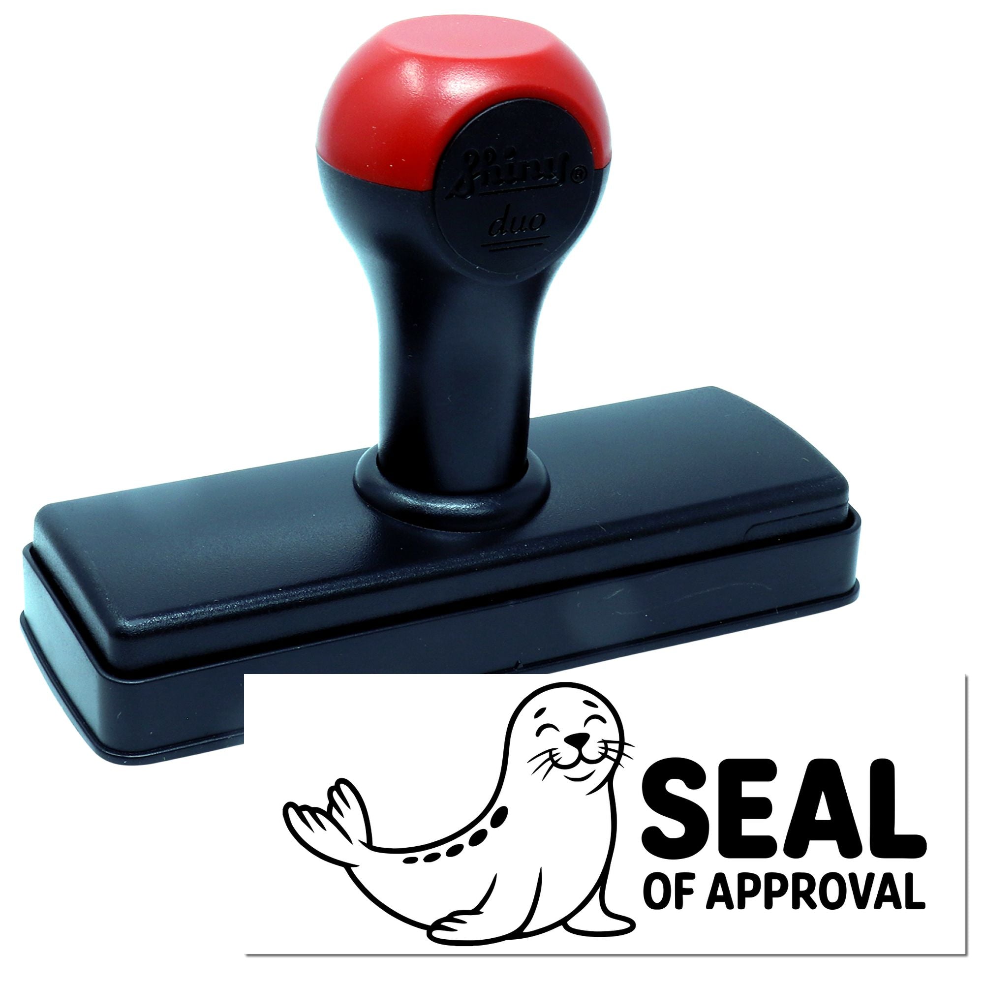 Red-and-black self-inking stamp and seal of approval logo with smiling seal on white background